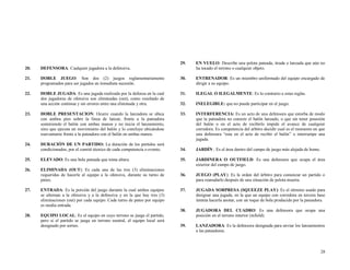 29.

EN VUELO: Describe una pelota pateada, tirada o lanzada que aún no
ha tocado el terreno o cualquier objeto.

DOBLE JUEGO: Son dos (2) juegos reglamentariamente
programados para ser jugados en inmediata sucesión.

30.

ENTRENADOR: Es un miembro uniformado del equipo encargado de
dirigir a su equipo.

DOBLE JUGADA: Es una jugada realizada por la defensa en la cual
dos jugadoras de ofensiva son eliminadas (out), como resultado de
una acción continua y sin errores entre una eliminada y otra.

31.

ILEGAL O ILEGALMENTE: Es lo contrario a estas reglas.

32.

INELEGIBLE: que no puede participar en el juego.

23.

DOBLE PRESENTACION: Ocurre cuando la lanzadora se ubica
con ambos pies sobre la línea de lanzar, frente a la pateadora
sosteniendo el balón con ambas manos y no inicia el lanzamiento,
sino que ejecuta un movimiento del balón y lo concluye ubicándose
nuevamente frente a la pateadora con el balón en ambas manos.

33.

INTERFERENCIA: Es un acto de una defensora que estorba de modo
que la pateadora no conecte el balón lanzado, o que sin tener posesión
del balón o en el acto de recibirlo impide el avance de cualquier
corredora. Es competencia del arbitro decidir cual es el momento en que
una defensora “esta en el acto de recibir el balón” o interrumpe una
jugada.

24.

DURACIÓN DE UN PARTIDO: La duración de los partidos será
condicionados, por el comité técnico de cada competencia o evento.

34.

JARDÍN : Es el área dentro del campo de juego más alejada de home.

25.

ELEVADO: Es una bola pateada que toma altura.

35.

JARDINERA O OUTFIELD: Es una defensora que ocupa el área
exterior del campo de juego.

26.

ELIMINADA (OUT): Es cada una de las tres (3) eliminaciones
requeridas de hacerle al equipo a la ofensiva, durante su turno de
pateo.

36.

JUEGO (PLAY): Es la orden del árbitro para comenzar un partido o
para reanudarlo después de una situación de pelota muerta.

37.

JUGADA SORPRESA (SQUEEZE PLAY): Es el término usado para
designar una jugada, en la que un equipo con corredora en tercera base
intenta hacerla anotar, con un toque de bola producido por la pateadora.

38.

JUGADORA DEL CUADRO: Es una defensora que ocupa una
posición en el terreno interior (infield).

39.

LANZADORA: Es la defensora designada para enviar los lanzamientos
a las pateadoras.

20.

DEFENSORA: Cualquier jugadora a la defensiva.

21.

22.

27.

ENTRADA: Es la porción del juego durante la cual ambos equipos
se alternan a la ofensiva y a la defensiva y en la que hay tres (3)
eliminaciones (out) por cada equipo. Cada turno de pateo por equipo
es media entrada.

28.

EQUIPO LOCAL: Es el equipo en cuyo terreno se juega el partido,
pero si el partido se juega en terreno neutral, el equipo local será
designado por sorteo.

28

 