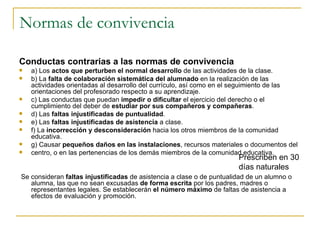 Normas de convivencia Conductas contrarias a las normas de convivencia a) Los  actos que perturben el normal desarrollo  de las actividades de la clase. b) La  falta de colaboración sistemática del alumnado  en la realización de las actividades orientadas al desarrollo del currículo, así como en el seguimiento de las orientaciones del profesorado respecto a su aprendizaje. c) Las conductas que puedan  impedir o dificultar  el ejercicio del derecho o el cumplimiento del deber de  estudiar por sus compañeros y compañeras . d) Las  faltas injustificadas de puntualidad . e) Las  faltas injustificadas de asistencia  a clase. f) La  incorrección y desconsideración  hacia los otros miembros de la comunidad educativa. g) Causar  pequeños daños en las instalaciones , recursos materiales o documentos del centro, o en las pertenencias de los demás miembros de la comunidad educativa. Se consideran  faltas injustificadas  de asistencia a clase o de puntualidad de un alumno o alumna, las que no sean excusadas  de forma escrita  por los padres, madres o representantes legales. Se establecerán  el número máximo  de faltas de asistencia a efectos de evaluación y promoción. Prescriben en 30 días naturales 