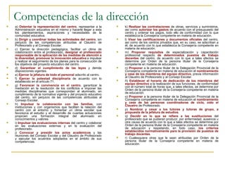 Competencias de la dirección a)  Ostentar la representación del centro , representar a la Administración educativa en el mismo y hacerle llegar a esta los planteamientos, aspiraciones y necesidades de la comunidad educativa. b)  Dirigir y coordinar todas las actividades del centro , sin perjuicio de las competencias atribuidas al Claustro de Profesorado y al Consejo Escolar. c) Ejercer la dirección pedagógica, facilitar un clima de colaboración entre el profesorado,  designar el profesorado responsable de la aplicación de las medidas de atención a la diversidad, promover la innovación educativa  e impulsar y realizar el seguimiento de los planes para la consecución de los objetivos del proyecto educativo del centro. d)  Garantizar el cumplimiento de las leyes  y demás disposiciones vigentes. e)  Ejercer la jefatura de todo el personal  adscrito al centro. f)  Ejercer la potestad disciplinaria  de acuerdo con lo establecido en el artículo 71. g)  Favorecer la convivencia en el centro , garantizar la mediación en la resolución de los conflictos e imponer las medidas disciplinarias que correspondan al alumnado, en cumplimiento de la normativa vigente y del proyecto educativo del centro, sin perjuicio de las competencias atribuidas al Consejo Escolar. h)  Impulsar la colaboración con las familias , con instituciones y con organismos que faciliten la relación del centro con el entorno y fomentar un clima escolar que favorezca el estudio y el desarrollo de cuantas actuaciones propicien una formación integral del alumnado en conocimientos y valores. i)  Impulsar las evaluaciones internas  del centro y colaborar en las evaluaciones externas y en la evaluación del profesorado. j)  Convocar y presidir los actos académicos  y las reuniones del Consejo Escolar y del Claustro de Profesorado y ejecutar los acuerdos adoptados en el ámbito de sus competencias. k)  Realizar las contrataciones  de obras, servicios y suministros, así como  autorizar los gastos  de acuerdo con el presupuesto del centro y ordenar los pagos, todo ello de conformidad con lo que establezca la Consejería competente en materia de educación. l)  Visar las certificaciones y documentos oficiales  del centro, así como de los centros privados que, en su caso, se adscriban a él, de acuerdo con lo que establezca la Consejería competente en materia de educación. m)  Proponer requisitos  de especialización y capacitación profesional respecto  de determinados puestos de trabajo docentes  del centro, de acuerdo con lo que a tales efectos se determine por Orden de la persona titular de la Consejería competente en materia de educación. n)  Propone r a la persona titular de la Delegación Provincial de la Consejería competente en materia de educación el  nombramiento y cese de los miembros del equipo directivo , previa información al Claustro de Profesorado y al Consejo Escolar. ñ)  Establecer el horario de dedicación de los miembros del equipo directivo  a la realización de sus funciones, de conformidad con el número total de horas que, a tales efectos, se determine por Orden de la persona titular de la Consejería competente en materia de educación. o)  Proponer  a la persona titular de la Delegación Provincial de la Consejería competente en materia de educación el  nombramiento y cese de las personas coordinadoras de ciclo, oído el Claustro  de Profesorado. p)  Nombrar y cesar a los tutores y tutoras de grupo, a propuesta de la jefatura de estudios . q)  Decidir en lo que se refiere a las sustituciones  del profesorado que se pudieran producir, por enfermedad, ausencia u otra causa de acuerdo con lo que a tales efectos se determine por Orden de la persona titular de la Consejería competente en materia de educación y respetando, en todo caso,  los criterios establecidos normativamente para la provisión de puestos de trabajo docentes . r) Cualesquiera otras que le sean atribuidas por Orden de la persona titular de la Consejería competente en materia de educación. 