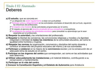 Titulo I El Alumnado Deberes  a) El estudio , que se concreta en: 1º La obligación de  asistir regularmente  a clase con puntualidad. 2º  Participar activa y diligentemente  en las actividades orientadas al desarrollo del currículo, siguiendo las directrices del profesorado. 3º  El respeto a los horarios  de las actividades programadas por el centro. 4º El respeto al ejercicio del  derecho al estudio de sus compañeros  y compañeras. 5º  La obligación de realizar las actividades escolares  para consolidar su aprendizaje que le sean asignadas por el profesorado. b) Respetar la autoridad  y las orientaciones del profesorado. c) Respetar  la libertad de conciencia, las convicciones religiosas y morales y la dignidad, integridad e intimidad de  todos los miembros  de la comunidad educativa, así como la igualdad entre hombres y mujeres. d) Respetar las normas  de organización, convivencia y disciplina del centro docente y contribuir al desarrollo del proyecto educativo del mismo y de sus actividades. e) Participar y colaborar  en la mejora de la  convivencia  escolar y en la consecución de un adecuado clima de estudio en el centro. f) Participar en los órganos del centro  que correspondan, así como en las actividades que este determine. g) Utilizar adecuadamente las instalaciones  y el material didáctico, contribuyendo a su conservación y mantenimiento. h) Participar en la vida del centro . i) Conocer la Constitución Española y el Estatuto de Autonomía  para Andalucía  