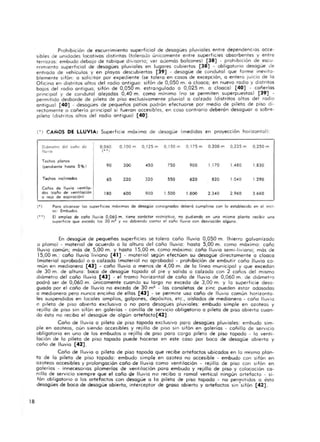 18
Prohibición de escurrimiento superficial de desagües pluviales entre dependenc ias acce-
sIbles de unidades locativos distintos (tolerado únicamente entre superficies absorbentes y entre
terrazas: embudo debajo de tabique di-.,isorio; ver oóemós balcones) [38] - prohibición de escu -
rrimIento superficial de desagües pluviales en lugares cubiertos [38] - obl igatorio desagüe de
entrado de vehículos y en playas descubiertos [39] - desagüe de candutal que forme inevita-
blemente si fón: o solicitar por expediente (se tolero en cosos de excepción, o entero luicio de lo
Ofic ina en distritos altos del radio antiguo: sifón de 0,050 m. o cloaca; en nuevo radio y distritos
bajos del radio antiguo; sifón de 0,050 m. estrangulado o 0,025 m. o cloaca) [40] - coñeríos
princ ipal y de condutal alejados 0,40 m . como minimo (no se permiten superpuestos) [39] -
permItido desborde de pileta de piso exclusivamente pluvial o calzado (distritos altos del radio
antiguo) [40] _ desagües de pequeños potios podrón efectuarse por medio de pileta de piso d.-
rectamente o coñeria principal si fueron accesibles, en coso contrario deberón desaguar a sobr~ ·
pileta (distritos altos del radio antiguo) [40].
( ' ) CAÑOS DE LLUVI...: Superficie máx imo de desagüe (medidos en proyección horizontal):
D,ámelro d~1 coño d, 0,060 0,100 m 0,125 m 0.150 m 0,175 m 0,200 m 0,225 m 0,250 m
l1u'''o ( ' ' )
TKl'los planos
(pendiente ha$la 5 % 1 90 300 <50 750 900 1.170 1 "80 1.830
Techol inclinados 65 220 320 550 620 820 10"0 1.290
Coños de lluvia yentilo_
dos (coflo de venliloción
° rejo de oipiración)
ISO 600 900 1.500 1.800 2.3"0 2.960 3.660
(' ) Poro alcanzar los superfiCies máximos de desagüe consignados deberá cumplirse con lo establecido en el inei.
so: Embudos.
(' ' ) El empleo de coño lIuvio 0,060 m. tiene coroeter restrictivo, no pudiendo en uno mismo planto recibir uno
superficie que excedo los JO m' y no debiendo conlor el coño lIuy.o con desyioción alguna.
En desagüe de pequeños superficies se tolero coño lluvia 0,050 m. (hierro galvanizada
o plomo) - material de acuerdo a la a ltura del coño lluvia: hasta 5,00 m. como móximo: coño
lluvia común; mós de 5,00 m . y hasta 15,00 m. como móximo: coño lluvia semi-liviano; mós de
15,00 m.: coño lluvia ' Iiviano [41] - material según efectúen su desagüe directamente a cloaca
(material aprobado) o o calzada (material no ap~obado) - prohibición de embutir coño .lIuvia ca·
mún en medianero [43] - coño lluvia o menos de 4,00 m. de lo lineo municipal y que excedan
de 30 m. de altura : boca de desagüe topado 01 pie y solida o calzada con 2 coños del mismo
diómetro del coño lluvia [43] - el tramo horizontal de caño de lluvia de 0,060 m . de diómetro
podró ser de 0,060 m. únicamente cuando su largo no excedo de 3,00 m. y la superficie desa-
guada por el coño de lluvia no excedo de 30 m2 - los canaletas de zinc pueden estor adosadas
a medianero pero nunca encimo de ellas [43] - se permite uso caño- de lluvia común horizonta -
les suspendidos en locales amplios, galpones, depósitos, etc., aislados de medianero - coño lluvia
e pileta de piso abierto exclusivo o no poro desagües pluviales: embudo simple en azoteas y
rejilla de piso sin sifón en galerías - canilla de servicio obligotorio a pileta de piso abierto cuan-
do ésta no reciba el desagüe de algún ortefacto[42] .
Coño de lluvia o pileta de piso tapada exclusivo poro desagües pluviales: embudo sim-
ple en azoteas, aún siendo accesibles y rejilla de piso sin sifón en galerías - coñilla de servicio
obligatorio en uno de los embudos o rejilla de piso pora cargo pileta de piso tapado - lo venti-
lación de lo pileta de piso tapodo puede hacerse en este coso por boca de desagüe abierto y
caño de lluvia [42].
Coño de lluvia o pileta de piso tapada que recibe artefactos ubicados en la rrrísma plan-
to de lo pileta de piso topado: embudo simple en azotea no accesible - embudo con sifón en
azoteas accesibles y prolongación coño de lluvia como ventilación - rejilla de piso con sifón en
galerías - innecesarios plomerías de ventilación poro embudo y rejilla de piso y colocación ca-
nilla de servicio siempre que el coño qe lluvia n o recibo a ramal vertical ningún artefacto - si-
fón obligatorio o los a rtefactos con desagüe o la pileta de piso tapodo ~ no permitidos o esta
desagües de boca de desagüe abierto, interceptor de groso abierto y a rtefactos sin 'sifón [42] .
 