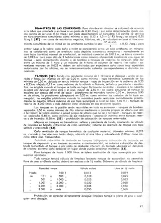 DIAMETROS DE LAS CONEXIONES: Poro distribución directo: se calculará de acuerdo
o lo tabla que antecede y en base o un gasto de 0,20 I/seg.; por cada departamento (gasto me-
dio canilla de servicio: 0,13 I/seg.; par cado deportamento se considero 1,5 canilla de servicia
en funcionamiento simultóneo como mínimo o seo: 0,13 x 1,5 _ 0,195 I/seg.; se adoptó 0,20
I!:;eg.): [47] - en cosas de escritorios negocios, fábricas, etc., se calculará en base al funciona-
N" de orlef.
miento simultáneo de lo mitad de los artefactos surtidos (o seo: x 0,13 I/seg.l, para
2
entrar luego o lo tabla; cado baño o toilet se considerará cerno un sólo artefacto; en mingitcr
rios se considerará como un artefacto codo depósito automática mingitorio - normalmente en
co~o baia <Cantidad normal de artefactos), se instalará conexión de 0,013 m., se tolero conexión
de 0,013 m. para coso aha de 3 habitaciones como máximo alimentado totalm~ nte con aguo de
tanque - poro alimentación directa o de bombeo a tanques de reserva=>: lo conexión debe dar
entre un mínimo de 1 hora y un máximo de 4 horas el volumen de reservo (ver tabla) - co-
nexiones mayores de 0,032 m. deben ser solicitadas por expediente salvo cosos muy especiales
autorizados por la oficina, no se intercomunicarán cañerías correspondientes a distintos co-
nexiones.
TANQUES [52]: Fondo con pendiente mínima de 1:10 hacia el desagüe - unión de po-
redes y fondo por choflán de 459 de 0,20 m. como mínimo - tapa hermética sumergido de luz
mínimo de 0,50 m. ubicado en tercio inferior tanque - tapa de inspección en lo cubierto de 0,25
x 0,25 m. aleiodo 0,15 m. como máximo de la válvula o flotante, sellado y precintada - escalera
fijo, no exigible cuando el tanque se halle en lugar fácilmente accesible - escalera o lo cubierto
exigible par desnivel entre ésta y el piso, mayor de 2,50 m.; no podrá amurorse 01 tanqlie lo
escalera par debajo del nivel de aguo - plataforma de maniobro (ancho 0,70 m., baranda 0,90
m. de altura, lo plataforma sobrepasará en 0,25 m. corno mínimo los costados de la topo su-
mergido); no exigible plataforma cuando lo maniobro puedo realizarse comodomente prescin-
diendo de aquéllo (altura máximo de eje topo sumergido o nivel de piso: 1,40 m.l - tanques de
reservo de 4.000 litros o mas deberán estar divididos en dos secciones iguales'.
Los tanques en lo pasible serán recorribles en toda su extensión - tanques de bombeo:
separados 0,50 m. como mínimo de filo interior medianero o paredes propias de sótano que den
o terraplén; se tolero arrimar a pared propio de sótano que no de o terraplén - tanques de reser-
va: separados 0,60 m. como mínimo de eje medianero - separación mínimo entre tanques reser-
va y de incendio: 0,50 m. [53] - prohibición de colocación de tanques enterrados.
Mejoras en tanques no herméticos: relleno y pendiente de fondo, colocación de vólvulo
de limpieza en bajado, colocación de caño ventilador, reborde en obertura de tanque con topo
sellado y precintado [53].
Caño ventilador de tanque hermético: de cualquier material; diómetro mínimo: 0,025
m., curvado y con abertura hacia abajo, ubicado 01 aire libre y sobreelevodo 2,50 m. como mi-
nimo sobre piso frecuentable.
Prohibida colocación de desborde en tanques (obligatoria colocación de desborde en
tanque de expansión y en tanques expuestos o contaminación); se autoriza colocación de des-
borde <Concctado 01 tanque o por plato de desborde inferior>, en tanques ubicados en desvanes
de chalets: extremo coño desborde en lugar donde puedo ocasionar molestias [53].
Paro tanques de hasta 1.000 litros se tolera sustitución de topo sumergida par topa
su~rior aprobada. '
Todo tanque tendrá válvula de limpieza (excepto tanque de expansión); no permitido
llave de paso a vólvulo suelto; deberá ser esclusa o de Y2 vuelto. Diámetro de válvula de limpieza:
Copocidod tanque Vólvulo esclusa Llave de 1<2 vuelto
Hasta 100 I 0,013 0,019
de 1°1 o 500 0,019 0,025
501 1.000 0,025 0,032
1.001 2.000 0,032 0,038
2.001 3.000 0,038 0,050
3.00 1 o más 0,050 0,060
Prohibición de conector directamente desagüe limpieza tanque a pileta de piso O cual-
quier otro desagüe.
21
 