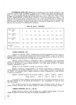 RUPTORE5 DE VACIO: [54]. Obligatorio en bajados Que surtan mós de uno planto y Que
alimentan válvulas, bidés, salivaderas o cualquier otro artefacto Que puedo cQnsiderorse peli.
groso· el ruptor de vacío será de un diómetro menor en 1, 2 6 3 rangos de lo bojodo respecti.
va, según Que correspondo o bajado de uno altu ~o de mós de 45 m., entre 45 y 15 m. o menor
de 15 m. respectivamente; no seró inferior o Q,009 m. yel nloximo exig ible será 0,050 m. • por
arribo del pelo de aguo padrón conectarse entre sí dos o más ruptores de vacío sin aumento de
diámetro · el extremo terminal de ruptor de vacío reuniró los mismos condiciones exigidos poro
coño ventilador de tanque, pudiendo optativamente conectarse 01 tonQue por lo cubierto· rup-
tares de vacío de plomo irán debidamente protegidos.
Cañol d. bronce " FAMIECA"
Di6m. usuoles
(~) O )J lO 25 32 38 SO 60 7S 100
Oi6m. FAMIECA
(mm) )J 16,3 21," 27,S 35,5 " 1,2 52,6 63,5 76,2 1016
5«,. FAMIECA
(cm') 1,33 2,08 3,59 5,9" 9,89 13,32 21 ,72 31 ,67 "5,60 81 ,07
,,"- Limites Bojodo 1,58 2,58 ",37 7,25 11 ,03 16, 12 25.03 36.31 57."2 96,27
FAMIECA
(cm', Coleclor 1,52 2,"6 " , 18 6,93 10,72 15,"2 2",21 35, 15 5",47 92," 7
CARGAS MIHIMAS, [51] .
Bajados en columnas: 4,00 m. (tratóndose de vólvulas únicamente se tolero cargo mí·
nima de 2,50 m. o la mós elevado siempre Que lo bajado seo de 0,050 m. o mós) • se consideran
bajados en columnas aquellos que surtiendo más de uno unidad locativo se deriven de uno ca-
ñerla de aguo corriente que corro o lo largo de uno azotea.
Bajados mixtos o artefactos y calentadores o gas o o calentadores o gas únicamente:
4,00 m. no habiendo 4,00 m. de cargo el calentador mós elevado tendró bajado independiente
de 0,019 m. de diámetro y cargo no menor de 2,00 m.; por cargo menor de 2,00 m. no podrán
instalarse calentadores o gas.
Bajado o un solo artefacto o recinto con artefactos: 0,50 m.
Bajado o artefactos correspondientes o uno mismo unidad locativo y ubicados en una
misma planto (pero en distintos ambientes y Que por lo tonto puedan funcionar simultóneamen-
te): 2,00 m. (no habiendo 2,00 m. deberó proyectarse bajado independiente o codo artefacto
o recinto con artefactos).
Bajados o válvulas: Diámetro de lo bajado: 0,025 m. 0,032 m. 0,038 m. 0,050 m.
Carga mínimo 5,50 m. 3,50 m. 2,50 m. 2,50 m.
La cargo se medirá siempre 01 fondo del tanque (en los tanques alimentados por bom-
beo podró medirse 01 nivel de llamada del outomótica, o seo, normalmente, 01 nivel del tercio
boja del tanque).
Poro canilla de servicio de uso probablemente poco frecuente (canilla de servicio en
azotea, terrazos, balcones, etc.> no serón tenidos en cuento las normas de cargos mínimas.
CARGAS MAXIMAS, [51. A] Y [51. B].
Carga móxima en orificio O grifo de aguo fría o caliente (medido desde el fondo del
tanque de reserva 01 extremo mós bajo de lo bajado considerada): 45 m.
26
 