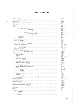 Aguo caliente
" corriente (fr ío)
Aprobado. o
Aproximado, o, aflraxlmodamente
Bañadero
Bid"
Beco de acceso
" c!"~ogue a bierto
espec ia l
" suspendido
topoda
ABREVIATURAS
sin tapo suelto
suspendido
inspección
,_ registro
Boleto de nivel
Comaro de acceso
.. inspeCCión
principal
Ccnaleto de aireac ión
_ zinc
impermeable
Candlo de se rVicio
Coñl"ria ele a guo ca liente
Coño
" " corriente
a sbesto-cemento ..
bo rro cocido
bronce ...... .
cómara vertica l
cemento armado
comun
descargo ventilac ión
hierro fundido liviano
" pesado
(fr ia)
ga lvanizado
Co/~a horm igón ccm primido
lluvia
comun
liviano
" semi-liviano
material vítreo
plomo
" pesado
vent ilación
Cierre hermético
Conexión
Curvo con base
... ' , ' . , .. ... . , ... .
" y topo de inspección
Depósi to autcmót lCO inodora
Dlómetra
Ducho ..
EmbuJo
mingitorio
cemento
hierro fundido
plomo .. _.
o col
a c.
oprob
oprox
Ba.
Be
BA.
B D A
B D.A.E
B.O A.S
B D T
B D T S T.5
B DT S
BI
BR
B de N
C A
C I.
C I.P.
Con. oir
Can. zinc
Con tmp
CS
c o.col.
c.o.c
C Asb C.
C BC
CSr
Ce. Ver!
C CA
C CC
C DV
C H FL
C H F P.
C H.G
C H C
C LL
C LL C
C LL L
CL L S L
C.MV
CP
CPP
CV
Cle herm
conexo
C B
C B T.1.
DA.I
DAM
dióm
Du
E.
E.C
E F.
EP
43
 