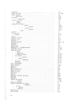 Expediente .. . ..... .
Fuente de beber
Hierro fundido ... .
" galvanizado.
Hormigón
comprimido
Inodoro o lo turco . ...... . . . . .. . . ..... . .. . ..... . . .
comun .. .. . .. ................ . ... .
" pedesto l
Interceptor de groso
Lavatono
Llave de poso
maestro
"nafta
abierto
" especial
cerrado
especial
Lluvia . ........ .. . . . . ... . . .. ... ... ...... ... . . . . .
Máquina de lavar ... . . . . . . . . .. . . . . .......... . .. . . .
Material vítreo .. .... . ..... . . . .
Móximo, o ..
Máximo creciente
M ingitorio . . ... . . . ...... .
M ínimo, o ............ . ... .. . .. . .. . ... .
Nuevo Radio . . . . . . . . . . . . .... . .
Obligatorio, o, obligatoriamente . . . . .. .
Pendiente m ínimo . . . . . . . . . . . . . ... . .
Pileta de cocino ... . ......... .
" lavar ..... ... ... .. . • ... . .. .. . . ......
" albañilería ... . •. .. . .
" cemente armado ..... . .
piso abierto .. . .... . ..... ... . . . .. .. . .. ... . ... . .
" especia I ....... .
topado . _. . ... . . ..... . •..
" " suspendido. . . . . . . . . . . . . . . ... . . . .. . . ... .
lovacopos .... ..................... .. ....... .. . .
" lavamanos .. . .. .... .. . .. . . .. . ... .... • .. .. . . . .. • .. .
Pozo impermeable . .. .... . .. . . .. . . ... . ......... .
Radio Antiguo .. . . . ...... .... .
Ramal T
Reducción . . . ... . . .... . . . .... . . . ............. ~ .. . ... . . .
Rejo de aspiración ..... . .
Rejilla de piso .. . . . . . . . . . .. . . . . '.' ..• .
Ruptor de vacio . . . ......... ....... .. . .. .... .. . . . . ... .. . .
Salivadera
Sección
Separador enfriador de groso
Slop-sink .... .. . . .
........ .... . .. ~.
Superficie
Tanque de bombeo
" " reservo . . . . . . . . . . . . . . . . . . ............ .
Topo de inspección . . ..... . ...... ... . . ..... .. . .
Vá lvula automá tico de inodoro .... . ... . .
" " mingitorio
de aire ....
" limpieza
" retención
Verificación ..
Wa ter Closet
44
. . . . . . . .. ...... .. ... ... .. .. .
.. ... .. . ... ..... ..... . ...
exp
Fu. Beb
F F.
H .G
horm .
HC
LT
I.C
IP
IG
I GA
¡ GA E
LG C
I G CE
IN
L
LL P
LLM
LL
ML
MV.
móx
mÓX. crec
M .
mino
NR
obligo!.
P. mino
P.C
P L.
P.LA
P.L.CA
P.PA
P.PAE.
P.P.T.
P.PT S.
PLC
PLM.
Po. I
R.Ant.
R.T.
Red.
RA
R.P.
RV
Soliv.
secc.
S.E.G.
SS
Superf.
T. Bo.
T . Res.
T.L
V.1.
V.M .
V .A.
V.L.
V .R.
V .
W.C
 