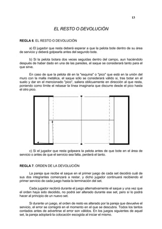 13


                        EL RESTO O DEVOLUCIÓN

REGLA 6. EL RESTO O DEVOLUCIÓN

      a) El jugador que resta deberá esperar a que la pelota bote dentro de su área
de servicio y deberá golpearla antes del segundo bote.

       b) Si la pelota botara dos veces seguidas dentro del campo, aun haciéndolo
después de haber dado en una de las paredes, el saque se considerará tanto para el
que sirve.

        En caso de que la pelota dé en la "esquina" o "pico" que está en la unión del
muro con la malla metálica, el saque sólo se considerará válido si, tras botar en el
suelo y dar en el mencionado "pico", saliera oblicuamente en dirección al que resta,
poniendo como límite el rebasar la línea imaginaria que discurre desde el pico hasta
el otro pico.




       c) Si el jugador que resta golpeara la pelota antes de que bote en el área de
servicio o antes de que el servicio sea falta, perderá el tanto.


REGLA 7. ORDEN DE LA DEVOLUCIÓN

       La pareja que recibe el saque en el primer juego de cada set decidirá cuál de
sus dos integrantes comenzará a restar, y dicho jugador continuará recibiendo el
primer servicio de cada juego hasta la terminación del set.

       Cada jugador recibirá durante el juego alternativamente el saque y una vez que
el orden haya sido decidido, no podrá ser alterado durante ese set, pero sí lo podrá
hacer al principio de un nuevo set.

        Si durante un juego, el orden de resto es alterado por la pareja que devuelve el
servicio, el error se corregirá en el momento en el que se descubra. Todos los tantos
contados antes de advertirse el error son válidos. En los juegos siguientes de aquel
set, la pareja adoptará la colocación escogida al iniciar el mismo.
 