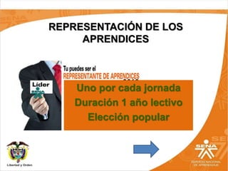 REPRESENTACIÓN DE LOS
APRENDICES
Uno por cada jornada
Duración 1 año lectivo
Elección popular
 