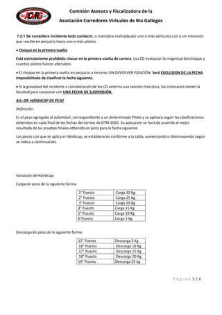 P á g i n a 5 | 6
Comisión Asesora y Fiscalizadora de la
Asociación Corredores Virtuales de Rio Gallegos
7.2.1 Se considera incidente todo contacto, o maniobra realizada por uno o más vehículos con o sin intención
que resulte en perjuicio hacia uno o más pilotos.
 Choque en la primera vuelta.
Está estrictamente prohibido chocar en la primera vuelta de carrera. Los CD evaluaran la magnitud del choque y
cuantos pilotos fueron afectados.
 El choque en la primera vuelta en perjuicio a terceros SIN DEVOLVER POSICIÓN. Será EXCLUSION DE LA FECHA
imposibilitado de clasificar la fecha siguiente.
 Si la gravedad del incidente a consideración de los CD amerita una sanción más dura, los comisarios tienen la
facultad para sancionar con UNA FECHA DE SUSPENSIÓN.
Art.-09- HANDICAP DE PESO
Definición:
Es el peso agregado al automóvil, correspondiente a un determinado Piloto y se aplicara según las clasificaciones
obtenidas en cada final de las fechas del torneo de DTM 2020. Su aplicación se hará de acuerdo al mejor
resultado de las pruebas finales obtenido en pista para la fecha siguiente.
Los pesos con que se aplica el Hándicap, se establecerán conforme a la tabla, aumentando o disminuyendo según
se indica a continuación.
Variación de Hándicap:
Cargarán peso de la siguiente forma:
1° Puesto Carga 30 Kg
2° Puesto Carga 25 Kg
3° Puesto Carga 20 Kg
4° Puesto Carga 15 Kg
5° Puesto Carga 10 Kg
6°Puesto Carga 5 Kg
Descargarán peso de la siguiente forma:
15° Puesto Descarga 5 Kg
16° Puesto Descarga 10 Kg
17° Puesto Descarga 15 Kg
18° Puesto Descarga 20 Kg
19° Puesto Descarga 25 kg
 