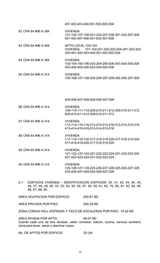30
401 402-403-404-501-502-503-504
82 CRA 64 #96 A 384 VIVIENDA
101-102-107-108-201-202-207-208-301-302-307-308
401 402-407-408-501-502-507-508
83 CRA 64 #96 A 406 APTO LOCAL 103-104
VIVIENDA- 101-102-201-202-203-204-301-302-303-
304-401-402-403-404-501-502-503-504
84 CRA 64 #96 A 384 VIVIENDA
103-104-105-106-203-204-205-206-303-304-305-306
403-404-405-406-503-504-505-506
85 CRA 64 #96 A 314 VIVIENDA
105-106-107-108-205-206-207-208-305-306-307-308
405-406-407-408-505-506-507-508
86 CRA 64 #96 A 314 VIVIENDA
109-110-111-112-209-210-211-212-309-310-311-312
409-410-411-412-509-510-511-512
87 CRA 64 #96 A 314 VIVIENDA
113-114-115-116-213-214-215-216-313-314-315-316
413-414-415-416-513-514-515-516
88 CRA 64 #96 A 314 VIVIENDA
117-118-119-120-217-218-219-220-317-318-319-320
417-418-419-420-517-518-519-520
89 CRA 64 #96 A 314 VIVIENDA
121-122-123-124-221-222-223-224-321-322-323-324
421-422-423-424-521-522-523-524
90 CRA 64 #96 A 314 VIVIENDA
125-126-127-128-225-226-227-228-325-326-327-328
425-426-427-428-525-526-527-528
2.1 EDIFICIOS VIVIENDA – IDENTIFICACION EDIFICIOS: 40, 41, 42, 43, 44, 45,
46, 47, 48, 49, 50, 52, 53, 54, 55, 56, 57, 58, 59, 61, 65, 79, 80, 81, 82, 84, 85,
86, 87, 88, 90.
AREA OCUPACION POR EDIFICIO: 280.81 M2
AREA PRIVADA POR PISO: 264.28 M2
ZONA COMUN HALL ENTRADA Y TACO DE ESCALERAS POR PISO: 16.52 M2
AREA RIVADA POR APTO: 66.07 M2
Cosnta cada uno de tres alcobas, salón comedor, balcón, cocina, servicio sanitario,
zona para lavar, secar y planchar ropas.
No. DE APTOS POR EDIFICIO: 20 UN
 