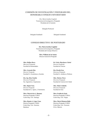 COMISIÓN DE INVESTIGACIÓN Y POSTGRADO DEL
       HONORABLE CONSEJO UNIVERSITARIO

                           Dra. María Josefina Copplind
                      Vicerrectora de Investigación y Postgrado
                             Presidenta de la Comisión



                                 Delegado Profesoral



            Delegado Estudiantil                    Delegado Estudiantil




             CONSEJO DIRECTIVO DE POSTGRADO

                          Dra. María Josefina Copplind
                      Vicerrectora de Investigación y Postgrado
                          Presidenta del Consejo Directivo

                            Mtro. Williams de los Santos
                            Director General de Postgrado



Mtra. Delfina Bravo                                Dr. Carlos Mayobanex Cabral
Directora Postgrado                                Director Postgrado
Facultad de Humanidades                            Facultad de Ciencias

Mtro. Leonardo Díaz                                Dra. Rosalía Sosa
Director Postgrado                                 Directora Postgrado
Facultad Cs. Económicas y Sociales                 Facultad Cs. Jurídicas y Políticas

Dra. Ing. Rina Familia                             Mtra. Maritza Flores
Directora Postgrado                                Directora Postgrado
Fac. Ingeniería y Arquitectura                     Facultad de Ciencias de la Salud

Mtro. Rafael Veloz                                 Mtra. Mabel Artidiello
Director Postgrado                                 Directora Postgrado
Facultad de Cs. Agron. y Veterinarias              Facultad de Artes

Mtra. María de los A. Romano                       Mtra. Erodita de Jesús
Directora Postgrado CURSA                          Directora Postgrado CURNA
Centro Reg. Univ. Santiago                         Centro Reg. Univ. Nagua

Mtro. Ramón A. López Ynoa                          Mtra. María Filomena Bello
Director Postgrado CURSO                           Directora Postgrado CURNE
Centro Reg. Univ. Suroeste,                        Centro Reg. Univ. Noroeste,
Barahona                                           S.Fco. Macorís




                                         -3-
 