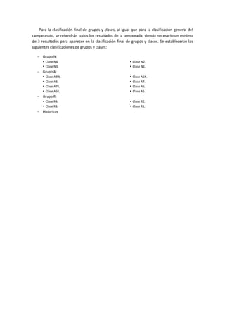 Para la clasificación final de grupos y clases, al igual que para la clasificación general del
campeonato, se retendrán todos los resultados de la temporada, siendo necesario un mínimo
de 3 resultados para aparecer en la clasificación final de grupos y clases. Se establecerán las
siguientes clasificaciones de grupos y clases:
 Grupo N:
 Clase N4.
 Clase N3.
 Clase N2.
 Clase N1.
 Grupo A:
 Clase A8W.
 Clase A8.
 Clase A7K.
 Clase A6K.
 Clase A5K.
 Clase A7.
 Clase A6.
 Clase A5.
 Grupo R:
 Clase R4.
 Clase R3.
 Clase R2.
 Clase R1.
 Historicos
 