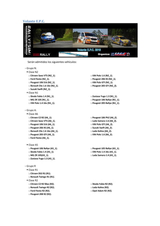 Volante E.P.C.
Serán admitidos los siguientes vehículos:
Grupo N:
 Clase N2
o Citroen Saxo VTS (N2_1).
o Ford Fiesta (N2_1).
o Peugeot 106 S16 (N2_1).
o Renault Clio 1.6 16v (N2_1).
o Suzuki Swift (N2_1).
o VW Polo 1.6 (N2_1).
o Peugeot 206 XS (N2_1).
o VW Polo GTI (N2_1).
o Peugeot 205 GTI (N2_2).
 Clase N1
o Skoda Fabia 1.4 (N1_1).
o MG ZR 105 (N1_1).
o VW Polo 1.4 16v (N1_1).
o Zastava Yugo 1.3 (N1_1).
o Peugeot 106 Rallye (N1_1).
o Peugeot 205 Rallye (N1_1).
Grupo A:
 Clase A6
o Citroen C2 R2 (A6_1).
o Citroen Saxo VTS (A6_1).
o Peugeot 106 S16 (A6_1).
o Peugeot 206 XS (A6_1).
o Renault Clio 1.6 16v (A6_1).
o Peugeot 205 GTI (A6_1).
o Ford Fiesta (A6_1).
o Peugeot 106 Ph2 (A6_2).
o Lada Samara 1.6 (A6_2).
o VW Polo GTI (A6_2).
o Suzuki Swift (A6_2).
o Lada Kalina (A6_2).
o VW Polo 1.6 (A6_2).
 Clase A5
o Peugeot 106 Rallye (A5_1).
o Skoda Fabia 1.4 (A5_1).
o MG ZR 105(A5_1).
o Zastava Yugo 1.3 (A5_1).
o Peugeot 105 Rallye (A5_1).
o VW Polo 1.4 16v (A5_1).
o Lada Samara 1.4 (A5_1).
Grupo R
 Clase R1
o Citroen DS3 R1 (R1).
o Renault Twingo R1 (R1).
 Clase R2
o Citroen C2 R2 Max (R2).
o Renault Twingo R2 (R2).
o Ford Fiesta R2 (R2).
o Peugeot 208 R2 (R2).
o Skoda Fabia R2 (R2).
o Lada Kalina (R2).
o Opel Adam R2 (R2).
 