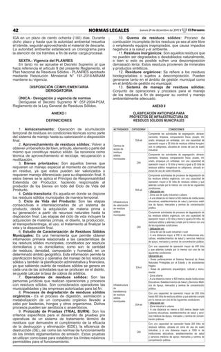 42 NORMAS LEGALES Jueves 21 de diciembre de 2017 / El Peruano
IGA en un plazo de ciento ochenta (180) días. Durante
dicho plazo y hasta que la autoridad ambiental resuelva
el trámite, seguirán aprovechando el material de descarte.
La autoridad ambiental establecerá un cronograma para
la atención de los trámites a fin de evitar carga procesal.
SEXTA.- Vigencia del PLANRES
En tanto no se apruebe el Decreto Supremo al que
hace referencia el artículo 9 del presente Reglamento, el
Plan Nacional de Residuos Sólidos - PLANRES aprobado
mediante Resolución Ministerial N° 191-2016-MINAM
mantiene su vigencia.
DISPOSICIÓN COMPLEMENTARIA
DEROGATORIA
ÚNICA.- Derogación y vigencia de normas
Deróguese el Decreto Supremo N° 057-2004-PCM,
Reglamento de la Ley General de Residuos Sólidos.
ANEXO I
DEFINICIONES
1. Almacenamiento: Operación de acumulación
temporal de residuos en condiciones técnicas como parte
del sistema de manejo hasta su valorización o disposición
final.
2. Aprovechamiento de residuos sólidos: Volver a
obtener un beneficio del bien, artículo, elemento o parte del
mismo que constituye residuo sólido. Se reconoce como
técnica de aprovechamiento el reciclaje, recuperación o
reutilización.
3. Bienes priorizados: Son aquellos bienes que
requieren un manejo especial al momento de convertirse
en residuo, ya que estos pueden ser valorizados o
requieren manejo diferenciado para su disposición final. A
estos bienes se le aplica el Principio de Responsabilidad
Extendida del Productor, haciendo responsable al
productor de los bienes en todo del Ciclo de Vida del
Producto.
4. Celda transitoria: Es aquella en donde se dispone
los residuos sólidos municipales de manera temporal.
5. Ciclo de Vida del Producto: Son las etapas
consecutivas e interrelacionadas de un sistema de
producto, desde la adquisición de materia prima o
su generación a partir de recursos naturales hasta la
disposición final. Las etapas del ciclo de vida incluyen la
adquisición de materias primas, el diseño, la producción,
el transporte/entrega, el uso, el tratamiento al finalizar la
vida y la disposición final.
6. Estudio de Caracterización de Residuos Sólidos
Municipales: Es una herramienta que permite obtener
información primaria relacionada a las características de
los residuos sólidos municipales, constituidos por residuos
domiciliarios y no domiciliarios, como son: la cantidad
de residuos, densidad, composición y humedad, en un
determinado ámbito geográfico. Esta información permite la
planificación técnica y operativa del manejo de los residuos
sólidos y también la planificación administrativa y financiera,
ya que sabiendo cuánto de residuos sólidos se genera en
cada una de las actividades que se producen en el distrito,
se puede calcular la tasa de cobros de arbitrios.
7. Operadores de residuos sólidos: Son las
personas jurídicas que realizan operaciones y procesos
con residuos sólidos. Son considerados operadores las
municipalidades y las empresas autorizadas para tal fin.
8. Procesos de degradación de residuos sólidos
orgánicos.- Es el proceso de digestión, asimilación y
metabolización de un compuesto orgánico llevado a
cabo por bacterias, hongos y otros organismos. Dichos
procesos pueden ser aeróbicos o anaeróbicos.
9. Protocolo de Pruebas (TRIAL BURN): Son los
criterios específicos para el desarrollo de pruebas pre
operativas de un sistema de tratamiento térmico de
residuos que demuestre el cumplimiento de la eficacia
de la destrucción y eliminación (EDE), la eficiencia de
destrucción (DE), así como las normas de funcionamiento
de los límites reglamentarios de emisión. Estas pruebas
se utilizan como base para establecer los límites máximos
permisibles para el funcionamiento.
10. Quema de residuos sólidos: Proceso de
combustión incompleta de los residuos ya sea al aire libre
o empleando equipos inapropiados, que causa impactos
negativos a la salud y el ambiente.
11. Residuos inorgánicos: Son aquellos residuos que
no pueden ser degradados o desdoblados naturalmente,
o bien si esto es posible sufren una descomposición
demasiado lenta. Estos residuos provienen de minerales
y productos sintéticos.
12. Residuos orgánicos: Se refiere a los residuos
biodegradables o sujetos a descomposición. Pueden
generarse tanto en el ámbito de gestión municipal como
en el ámbito de gestión no municipal.
13. Sistema de manejo de residuos sólidos:
Conjunto de operaciones y procesos para el manejo
de los residuos a fin de asegurar su control y manejo
ambientalmente adecuado.
ANEXO II
CLASIFICACIÓN ANTICIPADA PARA
PROYECTOS DE INFRAESTRUCTURA DE
RESIDUOS SÓLIDOS MUNICIPALES
ACTIVIDADES CATEGORÍA* CONDICIONES
Centros de
acopio de
residuos
sólidos
municipales
EIA-sd
Comprende las actividades de segregación, almace-
namiento, limpieza, compactación física, picado, trit-
urado, empaque y/o embalaje, con una capacidad de
operación mayor a 25 t/día de residuos sólidos inorgáni-
cos no peligrosos, ubicados en zonas de uso de suelo
industrial.
DIA
Comprende las actividades de segregación, almace-
namiento, limpieza, compactación física, picado, trit-
urado, empaque y/o embalaje, con una capacidad de
operación mayor a 10 t/día y menor o igual a 25 t/día de
residuos sólidos inorgánicos no peligrosos, ubicado en
zonas de uso de suelo industrial.
Infraestructura
de valorización
de residuos
sólidos
municipales
EIA-sd
Comprende actividades de procesos de degradación de
los residuos sólidos orgánicos, con una capacidad de
operación mayor a 50 t/día de residuos sólidos y que
además cumpla por lo menos con una de las siguientes
condiciones:
• Ubicación en:
- Zona uso de suelo industrial o urbano
- A una distancia no menor a 500 metros de instituciones
educativas, establecimientos de salud y servicios médi-
cos de Apoyo, mercados y centros de concentración
pública.
DIA
Comprende actividades de procesos de degradación de
los residuos sólidos orgánicos, con una capacidad de
operación mayor a 03 t/día y menor o igual a 50 t/día. de
residuos sólidos y además cumpla por lo menos con una
de las siguientes condiciones:
• Ubicación en:
- Zona de uso de suelo industrial o rural
- A una distancia mayor a 700 m de instituciones edu-
cativas, establecimientos de salud y servicios médicos
de apoyo, mercados y centros de concentración pública.
Infraestructura
de
transferencia
de residuos
sólidos
municipales
EIA-d
Con una capacidad de operación mayor de 400 t/día
y que además cumpla por lo menos con una de las
siguientes condiciones:
Ubicación en:
- Áreas pertenecientes al Sistema Nacional de Áreas
Naturales Protegidas por el Estado y de ecosistemas
frágiles
- Áreas de patrimonio arqueológico, cultural y monu-
mental
- Zona urbana
- A una distancia menor a 500 metros desde Instituciones
Educativas, Establecimientos de Salud y Servicios Médi-
cos de Apoyo, mercados y centros de concentración
pública.
EIA-sd
Con una capacidad de operación mayor de 200 t/día
hasta 400 t/día de residuos sólidos y que además cumpla
por lo menos con una de las siguientes condiciones:
• Ubicación en:
- Zona industrial o urbana
- A una distancia no menor a 500 metros desde insti-
tuciones educativas, establecimientos de salud y servi-
cios médicos de Apoyo, mercados y centros de concen-
tración públicas.
DIA
Con una capacidad de operación hasta 200 t/día de
residuos sólidos, ubicada en zona de uso de suelo
industrial, y a una distancia mayor a 1000 m de
instituciones educativas, establecimientos de salud
y servicios médicos de apoyo, mercados y centros de
concentración pública.
 