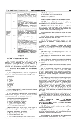 43NORMAS LEGALESJueves 21 de diciembre de 2017El Peruano /
ACTIVIDADES CATEGORÍA* CONDICIONES
Infraestructura
de disposición
de residuos
sólidos
municipales
EIA-d
Con una capacidad de operación mayor a 400 t/
día, ubicada a una distancia no menor de 1 km de la
población y áreas donde se desarrollan actividades
económicas, y que además cuente con por lo menos con
una de las siguientes condiciones:
Ubicación en:
- Distancia de aeropuertos: Entre 4 y 13 km
- Fuente superficial: a distancia mayor a 500 metros y
menor a 800 metros, ubicado en la faja marginal de una
fuente de agua.
- Áreas con fallas geológicas: A una distancia mayor
a 60 y menor o igual a cien (100) m de zonas de falla
geológica.
EIA-sd
Con una capacidad de operación mayor de 20 t/día
hasta 400 t/día de residuos sólidos, ubicada a una
distancia no menor de 1 km de la población y áreas
donde se desarrollan actividades económicas, y que
además cuente con por lo menos una de las siguientes
condiciones:
Ubicación en:
- Distancia de aeropuertos: Entre 4 y 13 Km
- Fuente superficial: a distancia mayor a 800 metros y
menor a 1000 metros.
- Áreas con fallas geológicas: A una distancia mayor a
cien (100) metros de zonas de falla geológica.
DIA
Con una capacidad de operación de 2 t/día hasta 20 t/día
de residuos sólidos, ubicada a una distancia no menor
de 1 km de la población y áreas donde se desarrollan
actividades económicas, y que además cuente con por
lo menos una de las siguientes condiciones:
Ubicación en:
- Distancia de aeropuertos: Mayor a 13 Km
- Fuente superficial: a distancia mayor de 1000 metros.
- Áreas con fallas geológicas: A una distancia mayor
a quinientos (500) metros de zonas de falla geológica.
ANEXO III
LISTA A: RESIDUOS PELIGROSOS
Los residuos enumerados en este Anexo están
definidos como peligrosos de conformidad con la
Resolución Legislativa Nº 26234, Convenio de Basilea, y
su inclusión en este Anexo no obsta para que se use el
Anexo IV para demostrar que un residuo no es peligroso.
A 1 RESIDUOS METÁLICOS O QUE CONTENGAN
METALES
A 1010 Residuos metálicos y residuos que contengan
aleaciones de cualquiera de las sustancias siguientes:
i. Antimonio
ii. Arsénico
iii. Berilio
iv. Cadmio
v. Plomo
vi. Mercurio
vii. Selenio
viii. Telurio
ix. Talio.
Son excluidos los residuos que figuran específicamente
en el Anexo v del Reglamento.
A 1020 Residuos que tengan como constituyentes o
contaminantes, excluidos los residuos de metal en forma
masiva, cualquiera de las sustancias siguientes:
i. Antimonio; compuestos de antimonio
ii. Berilio; compuestos de berilio
iii. Cadmio; compuestos de cadmio
iv. Plomo; compuestos de plomo
v. Selenio; compuestos de selenio
vi. Telurio; compuestos de telurio
A1030 Residuos que tengan como constituyentes o
contaminantes cualquiera de las sustancias siguientes:
i. Arsénico; compuestos de arsénico
ii. Mercurio; compuestos de mercurio
iii. Talio; compuestos de talio
A 1040 Residuos que tengan como constituyentes:
i. Carbonilos de metal
ii. Compuestos de cromo hexavalente
A1050 Lodos galvánicos.
A1060 Líquidos de desecho del decapaje de metales.
A1070 Residuos de lixiviación del tratamiento del zinc,
polvos y lodos como jarosita, hematites, etc.
A1080 Residuos de desechos de zinc no incluidos
en el Anexo V, que contengan plomo y cadmio en
concentraciones tales que presenten características del
Anexo IV lista de características peligrosas.
A1090 Cenizas de la incineración de cables de cobre
recubiertos.
A1100 Polvos y residuos de los sistemas de depuración
de gases de las fundiciones de cobre.
A1110 Soluciones electrolíticas usadas en las
operaciones de refinación y extracción electrolítica del
cobre.
A1120 Lodos residuales, excluidos los fangos
anódicos, de los sistemas de depuración electrolítica de
las operaciones de refinación y extracción electrolítica del
cobre.
A1130 Soluciones de ácidos para grabar usadas que
contengan cobre disuelto.
A1140 Residuos de catalizadores de cloruro cúprico y
cianuro de cobre.
A1150 Cenizas de metales preciosos procedentes de
la incineración de circuitos impresos no incluidos en el
Anexo V1.
A1160 Acumuladores de plomo de desecho, enteros
o triturados.
A1170 Acumuladores de residuos sin seleccionar
excluidas mezclas de acumuladores solo de la lista B del
Anexo V. Los acumuladores de residuos no incluidos en
la lista B que contengan constituyentes del Anexo I del
Convenio de Basilea, en tal grado que los conviertan en
peligrosos
A1180 Residuos de Montajes eléctricos y electrónicos
o restos de éstos2 que contengan componentes como
acumuladores y otras baterías incluidas en la lista A,
interruptores de mercurio, vidrios de tubos de rayos
catódicos y otros vidrios activados y capacitadores de
PCB, o contaminados con constituyentes del Anexo
I (por ejemplo, Cadmio, Mercurio, Plomo, Bifenilo
Policlorado) en tal grado que posean alguna de las
características del Anexo IV Lista de Características
Peligrosas (véase la entrada correspondiente en la lista
B B1110)3
A1190 Residuos de cables de metal recubiertos o
aislados con plástico que contienen alquitrán de carbón,
PBC4 (presentes a una concentración igual o superior a
50 mg/kg)
A2 RESIDUOS QUE CONTENGAN
PRINCIPALMENTE CONSTITUYENTES
INORGÁNICOS, QUE PUEDAN CONTENER METALES
O MATERIA ORGÁNICA.
A2010 Residuos de vidrio de tubos de rayos catódicos
y otros vidrios activados.
A2020 Residuos de compuestos inorgánicos de flúor
en forma de líquidos o Iodos, pero excluidos los residuos
de ese tipo especificados en el Anexo V.
A2030 Residuos de catalizadores, pero excluidos los
residuos de este tipo especificados en el Anexo V.
 