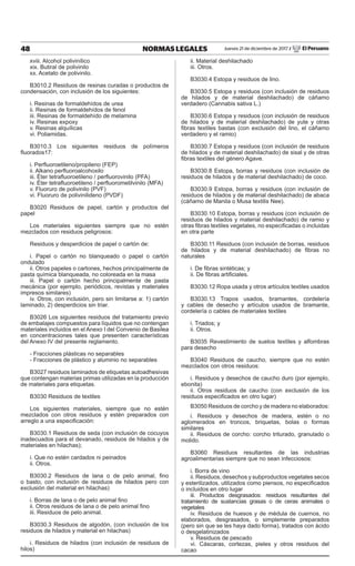 48 NORMAS LEGALES Jueves 21 de diciembre de 2017 / El Peruano
xviii. Alcohol polivinílico
xix. Butiral de polivinilo
xx. Acetato de polivinilo.
B3010.2 Residuos de resinas curadas o productos de
condensación, con inclusión de los siguientes:
i. Resinas de formaldehídos de urea
ii. Resinas de formaldehídos de fenol
iii. Resinas de formaldehído de melamina
iv. Resinas expoxy
v. Resinas alquílicas
vi. Poliamidas.
B3010.3 Los siguientes residuos de polímeros
fluorados17:
i. Perfluoroetileno/propileno (FEP)
ii. Alkano perfluoroalcohoxilo
iii. Éter tetrafluoroetileno / perfluorovinilo (PFA)
iv. Éter tetrafluoroetileno / perfluorometilvinilo (MFA)
v. Fluoruro de polivinilo (PVF)
vi. Fluoruro de polivinilideno (PVDF)
B3020 Residuos de papel, cartón y productos del
papel
Los materiales siguientes siempre que no estén
mezclados con residuos peligrosos:
Residuos y desperdicios de papel o cartón de:
i. Papel o cartón no blanqueado o papel o cartón
ondulado
ii. Otros papeles o cartones, hechos principalmente de
pasta química blanqueada, no coloreada en la masa
iii. Papel o cartón hecho principalmente de pasta
mecánica (por ejemplo, periódicos, revistas y materiales
impresos similares)
iv. Otros, con inclusión, pero sin limitarse a: 1) cartón
laminado, 2) desperdicios sin triar.
B3026 Los siguientes residuos del tratamiento previo
de embalajes compuestos para líquidos que no contengan
materiales incluidos en el Anexo I del Convenio de Basilea
en concentraciones tales que presenten características
del Anexo IV del presente reglamento.
- Fracciones plásticas no separables
- Fracciones de plástico y aluminio no separables
B3027 residuos laminados de etiquetas autoadhesivas
que contengan materias primas utilizadas en la producción
de materiales para etiquetas.
B3030 Residuos de textiles
Los siguientes materiales, siempre que no estén
mezclados con otros residuos y estén preparados con
arreglo a una especificación:
B3030.1 Residuos de seda (con inclusión de cocuyos
inadecuados para el devanado, residuos de hilados y de
materiales en hilachas);
i. Que no estén cardados ni peinados
ii. Otros.
B3030.2 Residuos de lana o de pelo animal, fino
o basto, con inclusión de residuos de hilados pero con
exclusión del material en hilachas)
i. Borras de lana o de pelo animal fino
ii. Otros residuos de lana o de pelo animal fino
iii. Residuos de pelo animal.
B3030.3 Residuos de algodón, (con inclusión de los
residuos de hilados y material en hilachas)
i. Residuos de hilados (con inclusión de residuos de
hilos)
ii. Material deshilachado
iii. Otros.
B3030.4 Estopa y residuos de lino.
B3030.5 Estopa y residuos (con inclusión de residuos
de hilados y de material deshilachado) de cáñamo
verdadero (Cannabis sativa L.)
B3030.6 Estopa y residuos (con inclusión de residuos
de hilados y de material deshilachado) de yute y otras
fibras textiles bastas (con exclusión del lino, el cáñamo
verdadero y el ramio)
B3030.7 Estopa y residuos (con inclusión de residuos
de hilados y de material deshilachado) de sisal y de otras
fibras textiles del género Agave.
B3030.8 Estopa, borras y residuos (con inclusión de
residuos de hilados y de material deshilachado) de coco.
B3030.9 Estopa, borras y residuos (con inclusión de
residuos de hilados y de material deshilachado) de abaca
(cáñamo de Manila o Musa textilis Nee).
B3030.10 Estopa, borras y residuos (con inclusión de
residuos de hilados y material deshilachado) de ramio y
otras fibras textiles vegetales, no especificadas o incluidas
en otra parte
B3030.11 Residuos (con inclusión de borras, residuos
de hilados y de material deshilachado) de fibras no
naturales
i. De fibras sintéticas; y
ii. De fibras artificiales.
B3030.12 Ropa usada y otros artículos textiles usados
B3030.13 Trapos usados, bramantes, cordelería
y cables de desecho y artículos usados de bramante,
cordelería o cables de materiales textiles
i. Triados; y
ii. Otros.
B3035 Revestimiento de suelos textiles y alfombras
para desecho
B3040 Residuos de caucho, siempre que no estén
mezclados con otros residuos:
i. Residuos y desechos de caucho duro (por ejemplo,
ebonita)
ii. Otros residuos de caucho (con exclusión de los
residuos especificados en otro lugar)
B3050 Residuos de corcho y de madera no elaborados:
i. Residuos y desechos de madera, estén o no
aglomerados en troncos, briquetas, bolas o formas
similares
ii. Residuos de corcho: corcho triturado, granulado o
molido.
B3060 Residuos resultantes de las industrias
agroalimentarias siempre que no sean infecciosos:
i. Borra de vino
ii. Residuos, desechos y subproductos vegetales secos
y esterilizados, utilizados como piensos, no especificados
o incluidos en otro lugar
iii. Productos desgrasados: residuos resultantes del
tratamiento de sustancias grasas o de ceras animales o
vegetales
iv. Residuos de huesos y de médula de cuernos, no
elaborados, desgrasados, o simplemente preparados
(pero sin que se les haya dado forma), tratados con ácido
o desgelatinizados
v. Residuos de pescado
vi. Cáscaras, cortezas, pieles y otros residuos del
cacao
 