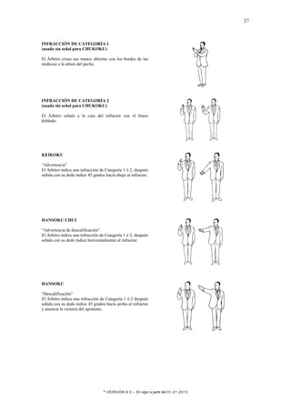 * VERSIÓN 8.0 – En vigor a partir del 01.01.2013
37
INFRACCIÓN DE CATEGORÍA 1
(usada sin señal para CHUKOKU)
El Árbitro cruza sus manos abiertas con los bordes de las
muñecas a la altura del pecho.
INFRACCIÓN DE CATEGORÍA 2
(usada sin señal para CHUKOKU)
El Árbitro señala a la cara del infractor con el brazo
doblado.
KEIKOKU
“Advertencia”
El Árbitro indica una infracción de Categoría 1 ó 2, después
señala con su dedo índice 45 grados hacia abajo al infractor.
HANSOKU CHUI
“Advertencia de descalificación”.
El Árbitro indica una infracción de Categoría 1 ó 2, después
señala con su dedo índice horizontalmente al infractor.
HANSOKU
“Descalificación”
El Árbitro índica una infracción de Categoría 1 ó 2 después
señala con su dedo índice 45 grados hacia arriba al infractor
y anuncia la victoria del oponente.
 