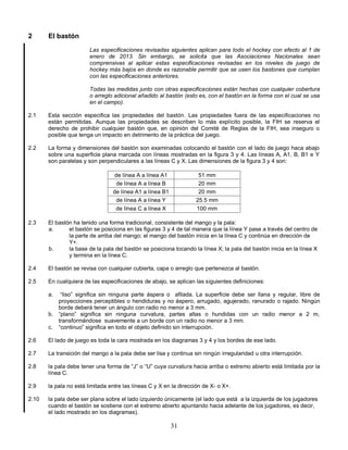 31
2 El bastón
Las especificaciones revisadas siguientes aplican para todo el hockey con efecto al 1 de
enero de 2013. Sin embargo, se solicita que las Asociaciones Nacionales sean
comprensivas al aplicar estas especificaciones revisadas en los niveles de juego de
hockey más bajos en donde es razonable permitir que se usen los bastones que cumplan
con las especificaciones anteriores.
Todas las medidas junto con otras especificaciones están hechas con cualquier cobertura
o arreglo adicional añadido al bastón (esto es, con el bastón en la forma con el cual se usa
en el campo).
2.1 Esta sección especifica las propiedades del bastón. Las propiedades fuera de las especificaciones no
están permitidas. Aunque las propiedades se describen lo más explícito posible, la FIH se reserva el
derecho de prohibir cualquier bastón que, en opinión del Comité de Reglas de la FIH, sea inseguro o
posible que tenga un impacto en detrimento de la práctica del juego.
2.2 La forma y dimensiones del bastón son examinadas colocando el bastón con el lado de juego haca abajo
sobre una superficie plana marcada con líneas mostradas en la figura 3 y 4. Las líneas A, A1, B, B1 e Y
son paralelas y son perpendiculares a las líneas C y X. Las dimensiones de la figura 3 y 4 son:
de línea A a línea A1 51 mm
de línea A a línea B 20 mm
de línea A1 a línea B1 20 mm
de línea A a línea Y 25.5 mm
de línea C a línea X 100 mm
2.3 El bastón ha tenido una forma tradicional, consistente del mango y la pala:
a. el bastón se posiciona en las figuras 3 y 4 de tal manera que la línea Y pase a través del centro de
la parte de arriba del mango; el mango del bastón inicia en la línea C y continúa en dirección de
Y+.
b. la base de la pala del bastón se posiciona tocando la línea X; la pala del bastón inicia en la línea X
y termina en la línea C.
2.4 El bastón se revisa con cualquier cubierta, capa o arreglo que pertenezca al bastón.
2.5 En cualquiera de las especificaciones de abajo, se aplican las siguientes definiciones:
a. “liso” significa sin ninguna parte áspera o afilada. La superficie debe ser llana y regular, libre de
proyecciones perceptibles o hendiduras y no áspero, arrugado, agujerado, ranurado o rajado. Ningún
borde deberá tener un ángulo con radio no menor a 3 mm.
b. “plano” significa sin ninguna curvatura, partes altas o hundidas con un radio menor a 2 m,
transformándose suavemente a un borde con un radio no menor a 3 mm.
c. “continuo” significa en todo el objeto definido sin interrupción.
2.6 El lado de juego es toda la cara mostrada en los diagramas 3 y 4 y los bordes de ese lado.
2.7 La transición del mango a la pala debe ser lisa y continua sin ningún irregularidad u otra interrupción.
2.8 la pala debe tener una forma de “J” o “U” cuya curvatura hacia arriba o extremo abierto está limitada por la
línea C.
2.9 la pala no está limitada entre las líneas C y X en la dirección de X- o X+.
2.10 la pala debe ser plana sobre el lado izquierdo únicamente (el lado que está a la izquierda de los jugadores
cuando el bastón se sostiene con el extremo abierto apuntando hacia adelante de los jugadores, es decir,
el lado mostrado en los diagramas).
 