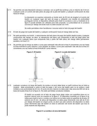 32
2.11 Se permite una sola desviación cóncava o convexa con un perfil liso continuo y de un máximo de 4 mm en
cualquier punto a lo ancho del lado plano de juego de la pala del bastón y cualquier continuación de ésta
hacia el mango.
La desviación se examina colocando un borde recto de 53 mm de longitud a lo ancho del
bastón en cualquier lugar del lado de juego y utilizando una medida de profundidad
puntiaguda normal; el dispositivo utilizado para medir la curvatura o arco y mostrada en la
figura 6 puede también ser utilizada para éste propósito. La profundidad de la curvatura
convexa por debajo del borde recto no debe exceder de 4 mm.
No están permitidas otras hendiduras o ranuras sobre el lado de juego del bastón.
2.12 El lado de juego de la pala del bastón y cualquier continuación hacia el mango debe ser lisa.
2.13 No está permitida una torsión o retorcimientos del lado plano de juego del bastón desde la pala y cualquier
continuación del mango; es decir, la intersección del plano que comprende el lado de juego plano del
bastón con cualquier plano que comprende todo o parte del lado plano del mango debe permanecer
paralelo a la línea C-C.
2.14 Se permite que el mango se doble o curve para sobresalir más allá de la línea A únicamente una vez hasta
la línea limítrofe B como máximo o sino también se doble o curve para sobresalir más allá de la línea A1
únicamente una vez hasta la línea limítrofe B1 como máximo.
Figura 3: El bastón Figura 4: La pala del bastón
2.15 cualquier curvatura a lo largo del bastón (la comba o el arco) debe tener un perfil continuo liso en toda su
longitud, debe encontrarse a sobre el lado de juego o del curvo del bastón pero no en ambos y está
limitado a una profundidad de 25 mm. El punto de arco máximo no debe estar más cerca de 200 mm de la
base de la pala (línea X en la figura 3). No están permitidas curvaturas múltiples.
El bastón se acuesta con el lado de juego hacia abajo sobre una superficie plana en su
posición natural como se muestra en la figura 5 El dispositivo mostrado en la figura 6 se
utiliza para medir el arco o comba y se coloca con su base sobre la superficie de prueba. El
extremo de 25 mm de altura del dispositivo no debe pasar libremente más allá de 8 mm
por debajo del bastón en ningún punto; es decir que este extremo del dispositivo no debe
pasar libremente bajo del bastón en toda la extensión del borde del bastón que toca la
parte restante del dispositivo.
Figura 5: La comba o el arco del bastón
 