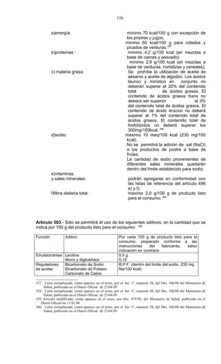 156


          a)energía:                                     mínimo 70 kcal/100 g con excepción de
                                                         los postres y jugos;
                                                         minimo 60 kcal/100 g para colados y
                                                         picados de verduras.357
          b)proteínas :                                   mínimo 4,2 g/100 kcal (en mezclas a
                                                         base de carnes y pescado)
                                                           mínimo 2,8 g/100 kcal (en mezclas a
                                                         base de verduras, hortalizas y cereales);
          c) materia grasa:                               Se prohíbe la utilización de aceite de
                                                          sésamo y aceite de algodón. Los ácidos
                                                          láurico y mirístico en      conjunto no
                                                          deberán superar el 20% del contenido
                                                          total             de ácidos grasos. El
                                                          contenido de ácidos grasos trans no
                                                          deberá ser superior                al 3%
                                                          del contenido total de ácidos grasos. El
                                                          contenido de ácido erúcico no deberá
                                                          superar el 1% del contenido total de
                                                          ácidos grasos. El contenido total de
                                                          fosfolípidos no deberá superar los
                                                          300mg/100kcal. 358
          d)sodio:                                       máximo 10 meq/100 kcal (230 mg/100
                                                         kcal).
                                                         No se permitirá la adición de sal (NaCl)
                                                         a los productos de postre a base de
                                                         frutas.
                                                         La cantidad de sodio provenientes de
                                                         diferentes sales minerales quedarán
                                                         dentro del límite establecido para sodio;
          e)vitaminas
          y sales minerales:                               podrán agregarse en conformidad con
                                                           las listas de referencia del artículo 496
                                                           e) y f);
          f)fibra dietaria total:                          máximo 2,0 g/100 g de producto listo
                                                           para el consumo. 359




Artículo 503.- Sólo se permitirá el uso de los siguientes aditivos, en la cantidad que se
indica por 100 g del producto listo para el consumo: 360

Función           Aditivo                            Por cada 100 g de producto listo para el
                                                     consumo, preparado conforme a las
                                                     instrucciones    del      fabricante,   salvo
                                                     indicación en contrario
Emulsionantes Lecitina                               0,5 g
              Mono y diglicéridos                    0,15
Reguladores   Bicarbonato de Sodio                   B.P.F. (dentro del límite del sodio, 230 mg
de acidez     Bicarbonato de Potasio                 Na/100 kcal)
              Carbonato de Calcio

357 Letra reemplazada, como aparece en el texto, por el Art. 1º, numeral   38, del Dto. 106/08 del Ministerio de
    Salud, publicado en el Diario Oficial de 23.04.09
358 Letra reemplazada, como aparece en el texto, por el Art. 1º, numeral   38, del Dto. 106/08 del Ministerio de
    Salud, publicado en el Diario Oficial de 23.04.09
359 Artículo modificado, como aparece en el texto, por Dto. 475/99, del    Ministerio de Salud, publicado en el
   Diario Oficial de 13.01.00
360 Letra reemplazada, como aparece en el texto, por el Art. 1º, numeral   39, del Dto. 106/08 del Ministerio de
    Salud, publicado en el Diario Oficial de 23.04.09
 