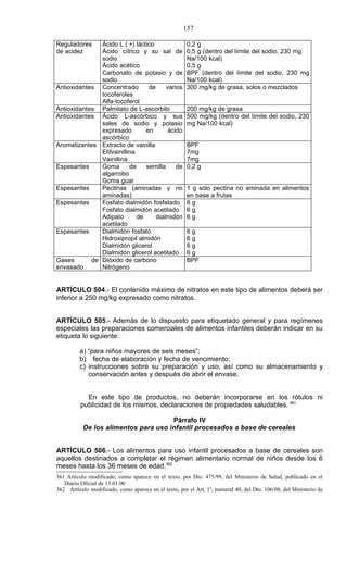 157

Reguladores    Ácido L ( +) láctico                    0,2 g
de acidez      Ácido cítrico y su sal de               0,5 g (dentro del límite del sodio, 230 mg
               sodio                                   Na/100 kcal)
               Ácido acético                           0,5 g
               Carbonato de potasio y de               BPF (dentro del límite del sodio, 230 mg
               sodio                                   Na/100 kcal)
Antioxidantes Concentrado         de     varios        300 mg/kg de grasa, solos o mezclados
               tocoferoles
               Alfa-tocoferol
Antioxidantes Palmitato de L-ascorbilo                 200 mg/kg de grasa
Antioxidantes Ácido L-ascórbico y sus                  500 mg/kg (dentro del límite del sodio, 230
               sales de sodio y potasio                mg Na/100 kcal)
               expresado         en       ácido
               ascórbico
Aromatizantes Extracto de vainilla                     BPF
               Etilvainillina                          7mg
               Vainillina                              7mg
Espesantes     Goma        de    semilla     de        0,2 g
               algarrobo
               Goma guar
Espesantes     Pectinas (aminadas y no                 1 g sólo pectina no aminada en alimentos
               aminadas)                               en base a frutas
Espesantes     Fosfato dialmidón fosfatado             6g
               Fosfato dialmidón acetilado             6g
               Adipato        de     dialmidón         6g
               acetilado
Espesantes     Dialmidón fosfato                       6g
               Hidroxipropil almidón                   6g
               Dialmidón glicerol                      6g
               Dialmidón glicerol acetilado            6g
Gases       de Dióxido de carbono                      BPF
envasado       Nitrógeno


ARTÍCULO 504.- El contenido máximo de nitratos en este tipo de alimentos deberá ser
inferior a 250 mg/kg expresado como nitratos.


ARTÍCULO 505.- Además de lo dispuesto para etiquetado general y para regímenes
especiales las preparaciones comerciales de alimentos infantiles deberán indicar en su
etiqueta lo siguiente:

         a) “para niños mayores de seis meses”;
         b) fecha de elaboración y fecha de vencimiento;
         c) instrucciones sobre su preparación y uso, así como su almacenamiento y
            conservación antes y después de abrir el envase.


            En este tipo de productos, no deberán incorporarse en los rótulos ni
          publicidad de los mismos, declaraciones de propiedades saludables. 361

                                      Párrafo IV
           De los alimentos para uso infantil procesados a base de cereales


ARTÍCULO 506.- Los alimentos para uso infantil procesados a base de cereales son
aquellos destinados a completar el régimen alimentario normal de niños desde los 6
meses hasta los 36 meses de edad.362
361 Artículo modificado, como aparece en el texto, por Dto. 475/99, del Ministerio de Salud, publicado en el
   Diario Oficial de 13.01.00
362 Artículo modificado, como aparece en el texto, por el Art. 1º, numeral 40, del Dto. 106/08, del Ministerio de
 