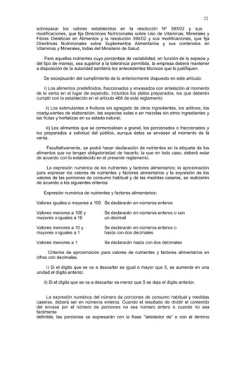 32

sobrepasar los valores establecidos en la resolución Nº 393/02 y sus
modificaciones, que fija Directrices Nutricionales sobre Uso de Vitaminas, Minerales y
Fibras Dietéticas en Alimentos y la resolución 394/02 y sus modificaciones, que fija
Directrices Nutricionales sobre Suplementos Alimentarios y sus contenidos en
Vitaminas y Minerales, todas del Ministerio de Salud.

    Para aquellos nutrientes cuyo porcentaje de variabilidad, en función de la especie y
del tipo de manejo, sea superior a la tolerancia permitida, la empresa deberá mantener
a disposición de la autoridad sanitaria los antecedentes técnicos que lo justifiquen.

   Se exceptuarán del cumplimiento de lo anteriormente dispuesto en este artículo:

    i) Los alimentos predefinidos, fraccionados y envasados con antelación al momento
de la venta en el lugar de expendio, incluidos los platos preparados, los que deberán
cumplir con lo establecido en el artículo 468 de este reglamento;

      ii) Los estimulantes o fruitivos sin agregado de otros ingredientes, los aditivos, los
coadyuvantes de elaboración, las especias solas o en mezclas sin otros ingredientes y
las frutas y hortalizas en su estado natural;

     iii) Los alimentos que se comercialicen a granel, los porcionados o fraccionados y
los preparados a solicitud del público, aunque éstos se envasen al momento de la
venta.

     Facultativamente, se podrá hacer declaración de nutrientes en la etiqueta de los
alimentos que no tengan obligatoriedad de hacerlo, la que en todo caso, deberá estar
de acuerdo con lo establecido en el presente reglamento.

     La expresión numérica de los nutrientes y factores alimentarios; la aproximación
para expresar los valores de nutrientes y factores alimentarios y la expresión de los
valores de las porciones de consumo habitual y de las medidas caseras, se realizarán
de acuerdo a los siguientes criterios:

   Expresión numérica de nutrientes y factores alimentarios:

Valores iguales o mayores a 100 Se declararán en números enteros

Valores menores a 100 y             Se declararán en números enteros o con
mayores o iguales a 10              un decimal

Valores menores a 10 y              Se declararán en números enteros o
mayores o iguales a 1               hasta con dos decimales

Valores menores a 1                 Se declararán hasta con dos decimales

       Criterios de aproximación para valores de nutrientes y factores alimentarios en
cifras con decimales.

     i) Si el dígito que se va a descartar es igual o mayor que 5, se aumenta en una
unidad el dígito anterior.

   ii) Si el dígito que se va a descartar es menor que 5 se deja el dígito anterior.


      La expresión numérica del número de porciones de consumo habitual y medidas
caseras, deberá ser en números enteros. Cuando el resultado de dividir el contenido
del envase por el número de porciones no sea número entero o cuando no sea
fácilmente
definible, las porciones se expresarán con la frase "alrededor de" o con el término
 