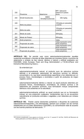 56

                                                                         BPF. Aplicación
  235                                                                    externa en quesos
          Pimaricina                         Natamicina                  duros
                                                      DMDC
  242     Dimetil dicarbonato                                                    250 mg/kg
                                               Dimetilpirocarbonato

  249                                                                    125mg/kg en pescados
          Nitrito de potasio                                             y carnes

  250                                                                    125mg/kg en pescados
          Nitrito de sodio                                               y carnes

  251     Nitrato de sodio                                               500mg/kg

  252     Nitrato de Potasio                                             500mg/kg
  280     Acido propionico                                               1g/kg
                                                                         1g/kg expresado como
  281
          Propionato de sodio                                            ácido propiónico
                                                                         1g/kg expresado como
  282
          Propionato de calcio                                           ácido propiónico
                                                                         1g/kg expresado como
  283
          Propionato de potasio                                          ácido propiónico


ARTÍCULO 155.- Se permite usar como saborizantes/aromatizantes aquellas
sustancias aromáticas o mezclas de ellas obtenidas por procesos físicos o químicos de
aislamiento o síntesis de tipo natural, idéntico a natural y artificial aceptados por
FAO/OMS, Unión Europea, Food and Drug Administration y F.E.M.A.(Flavor and
Extractive Manufacturing Assoc.).

          Se entenderá por:

          saborizante/aromatizante natural: al producto puro de estructura química
          definida o al preparado saborizante de estructura química no definida,
          concentrado o no, que tiene características saporíferas y son obtenidos por un
          proceso físico, microbiológico o enzimático a partir de productos de origen
          vegetal o animal;

          saborizante/aromatizante idéntico a natural: es aquel producto obtenidos por
          procesos físicos, microbiológicos, enzimáticos, de síntesis química o de
          aislamiento por procesos químicos, cuya formulación incluye componentes
          idénticos a los existentes en la naturaleza;

          saborizante/aromatizante artificial: es aquel producto que en su formulación
          incluye, en una proporción cualquiera, componentes que no se encuentran
          naturalmente en productos animales o vegetales y son obtenidos por síntesis
          química.

ARTÍCULO 156.- Podrán usarse disolventes portadores o diluyentes de sustancias
saborizantes/aromatizantes y de antioxidantes, siempre que cumplan con las normas
establecidas por el Codex Alimentarius FAO/OMS y su concentración esté de acuerdo
con las buenas prácticas de fabricación. 108




108 Artículo reemplazado, como aparece en el texto, por el Art. 1º, numeral 19 del Dto. 106/08, del Ministerio de
   Salud, publicado en el Diario Oficial de 23.04.09
 