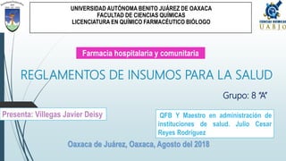 REGLAMENTOS DE INSUMOS PARA LA SALUD
UNIVERSIDAD AUTÓNOMA BENITO JUÁREZ DE OAXACA
FACULTAD DE CIENCIAS QUÍMICAS
LICENCIATURA EN QUÍMICO FARMACÉUTICO BIÓLOGO
Grupo: 8 “A”
Presenta: Villegas Javier Deisy
Oaxaca de Juárez, Oaxaca, Agosto del 2018
QFB Y Maestro en administración de
instituciones de salud. Julio Cesar
Reyes Rodríguez
Farmacia hospitalaria y comunitaria
 
