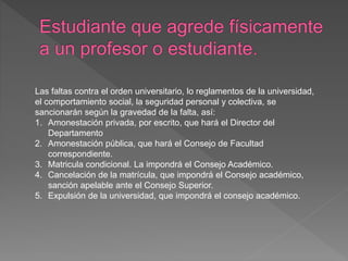 Las faltas contra el orden universitario, lo reglamentos de la universidad, 
el comportamiento social, la seguridad personal y colectiva, se 
sancionarán según la gravedad de la falta, así: 
1. Amonestación privada, por escrito, que hará el Director del 
Departamento 
2. Amonestación pública, que hará el Consejo de Facultad 
correspondiente. 
3. Matricula condicional. La impondrá el Consejo Académico. 
4. Cancelación de la matrícula, que impondrá el Consejo académico, 
sanción apelable ante el Consejo Superior. 
5. Expulsión de la universidad, que impondrá el consejo académico. 
 