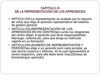 CAPITULO XI DE LA REPRESENTACIÓN DE LOS APRENDICES ARTICULO32: La representación es avalado por la mayoria de votos que elige al aprendiz representativo del sistema de gestión general. ARTICULO33:(REPRESENTACIÓN DE LOS APRENDICES EN EN CENTRO)es cundo los integrantes del centro eligen al aprendiz que tiene responsabilidad, liderazgo, carisma,etc.,para que tenga su matricula vigente en su formación. ARTICULO34:(NUMERO DE REPRESENTANTES Y PERIODO)se elige a un aprendiz porn cada jornada, ya sea diurna,nocturna o 24horas, en la cual representará al centro respectivo, para ello debe tener tres(32)mese de formación(por aprendiz) 