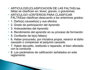 ARTICULO20:(CLASIFICACION DE LAS FALTAS) las faltas se clasifican en: leves, graves, o gravisimas. ARTICULO21:(CRITERIOS PARA CLASIFICAR FALTAS)se clasifican deacuerdo a los anteriores grados: 1. Daño(s) causado(s) y sus efectos 2. Grado de participación del Aprendiz 3. Antecedentes del Aprendiz 4. Rendimiento del aprendiz en su proceso de formación 5. Confesión de la(s) falta(s) 6. Haber procurado, por iniciativa propia, resarcir el daño causado o compensar el perjuicio causado 7. Haber devuelto, restituido o reparado, el bien afectado con la conducta 8. Los parámetros de calificación señalados en este reglamento 