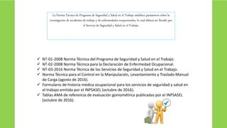 La Norma Técnica de Programa de Seguridad y Salud en el Trabajo establece parámetros sobre la
investigación de accidentes de trabajo y de enfermedades ocupacionales, lo cual deberá ser llevado por
el Servicio de Seguridad y Salud en el Trabajo.
 NT-01-2008 Norma Técnica del Programa de Seguridad y Salud en el Trabajo.
 NT-02-2008 Norma Técnica para la Declaración de Enfermedad Ocupacional.
 NT-03-2016 Norma Técnica de los Servicios de Seguridad y Salud en el Trabajo.
 Norma Técnica para el Control en la Manipulación, Levantamiento y Traslado Manual
de Carga (agosto de 2016).
 Formulario de historia médica ocupacional para los servicios de seguridad y salud en
el trabajo emitida por el INPSASEL (octubre de 2016).
 Tablas AMA de referencia de evaluación goniométrica publicadas por el INPSASEL
(octubre de 2016).
 