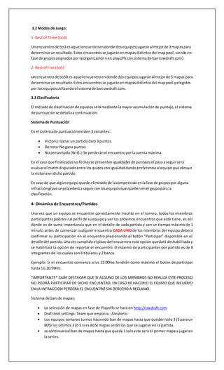 De estos8 gruposse jugaraen modalidadtodoscontratodosenmodalidadBo3(Mejorde 3
mapas) ganandopuntos 3 por victoriay1 puntopor empate parasus equipos,clasificaranlos2
mejoresequiposde cadagrupo.De los16 equipos clasificadosse realizaranplayoffs con
eliminacióndirecta,enestainstanciael modode juegoesbo3(mejorde 3 mapas) hasta cuartos
de final,semifinalesyfinal serán(Bo5).
3- Formato de los encuentros
3.1 ModalidadGeneral
El torneose jugará enla modalidadcompetitivade Overwatch.
• Los mapas de Escoltae Hibridosserándecididospor: a) Empujar el “payload”máslejos
que el equipocontrarioo b) llegaral últimocheckpointmásrápidoque el rival.
• No habrá desempate enfase de grupos (PudiendoexistirempatesenBo3)
• Si existen empatesen Playoffsenmapasde Asalto,HibridosoEscolta,se jugara el primer
puntodel mapa de Control “Ilios”.El ganadorde ese puntoganaráel mapa
empatado. (Estosignificaque no hay empatesde encuentros en playoffs)
3.2 Modos de Juego:
1- Best of Three (bo3)
Un encuentrode bo3 esaquel encuentroendonde dosequiposjugaránal mejorde 3 mapaspara
determinarunresultado.Estosencuentrosse jugaránenmapasdistintosdel mappool asignados
por la organizaciónenfase de gruposy con sistemade ban (www.owdraft.com) enplayoffs.
2- Best of Five (bo5)
Un encuentrode bo5 esaquel encuentroendonde dosequiposjugaránal mejorde 5 mapaspara
determinarunresultado.Estosencuentrosse jugaránenmapasdistintosdel map pool yelegidos
por losequiposutilizandoel sistemade ban www.owdraft.com.
3.3 Clasificatoria
El métodode clasificaciónde equiposserámediante lamayoracumulaciónde puntaje,el sistema
de puntuaciónse detallaacontinuación:
Sistemade Puntuación
En el sistemade puntuaciónexisten3variantes:
• Victoria:Ganar un partidodará 3 puntos.
• Empate:Empatar un partidodará 1 punto.
 