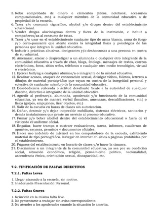 5. Robo comprobado de dinero o elementos (libros, notebook, accesorios
computacionales, etc.) a cualquier miembro de la comunidad educativa o de
propiedad de la escuela.
6. Traer y/o consumir cigarrillos, alcohol y/o drogas dentro del establecimiento
educacional.
7. Vender drogas alucinógenas dentro y fuera de la institución, e incluir a
compañeros/as al consumo de éstas.
8. Traer y/o usar en el establecimiento cualquier tipo de arma blanca, arma de fuego
y/o corto-punzante que atente contra la integridad física y psicológica de las
personas que integran la unidad educativa.
9. Inducir a prácticas abusivas, denigrantes y/o deshonrosas a una persona en contra
de su voluntad.
10. Amenazar, atacar o desprestigiar a un alumno/a o cualquier otro integrante de la
comunidad educativa a través de chat, blogs, fotologs, mensajes de textos, correos
electrónicos, foros, sitios webs, teléfonos o cualquier otro medio tecnológico, virtual
o electrónico.
11. Ejercer bullyng a cualquier alumno/a o integrante de la unidad educativa.
12. Realizar acosos, ataques de connotación sexual, divulgar videos, folletos, letreros o
dibujos de material pornográfico que vayan en contra de la integridad personal y
colectiva de cualquier miembro de la comunidad educativa.
13. Desobediencia reiterada o actitud desafiante frente a la autoridad de cualquier
docente, directivo o integrante de la unidad educativa.
14. Agredir al profesor/a, alumno/a, apoderado y/o funcionario de la comunidad
educativa, ya sea de manera verbal (Insultos, amenazas, descalificaciones, etc.) o
física (golpes, empujones, tirar objetos, etc.)
15. Salir de la escuela en horas de clases sin autorización.
16. Dañar, destruir y/o dejar inoperable mobiliario, sistemas eléctricos, sanitarios y
demás instalaciones que preste un servicio al proceso educativo.
17. Fumar y/o beber alcohol dentro del establecimiento educacional o fuera de él
vistiendo el uniforme oficial.
18. Engañar, hacer trampa o sustraer evaluaciones, tareas, informes, cuadernos de
apuntes, excusas, permisos y documentos oficiales.
19. Hacer uso indebido de internet en los computadores de la escuela, exhibiendo
material de tipo pornográfico. Navegar en internet en sitios o páginas prohibidas por
el establecimiento.
20. Fugarse del establecimiento en horario de clases y/o hacer la cimarra.
21. Discriminar a un integrante de la comunidad educativa, ya sea por su condición
social, situación económica, religión, pensamiento político, nacionalidad,
ascendencia étnica, orientación sexual, discapacidad, etc.
7.2. TIPIFICACIÓN DE FALTAS DIRECTIVOS
7.2.1. Faltas Leves
1. Llegar atrasado a la escuela, sin motivo.
2. Inadecuada Presentación Personal.
7.2.2. Faltas Graves
1. Reincidir en la misma falta leve.
2. No presentarse a trabajar sin aviso correspondiente.
3. No atender a los apoderados cuando la situación lo amerita.
 