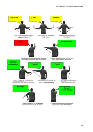 REGLAMENTO TÉCNICO, diciembre 2009




 En guardia!                           ¿Listos?                               Adelante !




         Para que los esgrimistas tomen la         Para saber si los esgrimistas          Para empezar y recomenzar
               posición de guardia.                        están listos.                         el combate.


                 Alto !                                                                      Punta en línea!




                     Para parar el combate antes de un tocado, en          Posición de punta en línea de la derecha
                     razón del esgrimista a la derecha del árbitro.          hacia el esgrimista de la izquierda.
  Ataque ! /
 Detención !/
Contraataque !                          Tocado!                                    Punto!




      Ataque o Detención (contraataque)            El esgrimista de la izquierda del        Un punto para el esgrimista
     del esgrimista de la derecha del árbitro.       árbitro es declarado tocado.            de la derecha del árbitro.


             No válido!
                                                                                                Parada!
                                                                                             Contra-tiempo!




                      Tocado en superficie no válida para el               Parada o Contra-tiempo ejecutado por el
                      esgrimista de la izquierda del árbitro.                esgrimista de la derecha del árbitro.




                                                                                                                          18
 