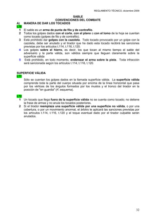 REGLAMENTO TÉCNICO, diciembre 2009

                               SABLE
                      CONVENCIONES DEL COMBATE
A)   MANERA DE DAR LOS TOCADOS
t.70
  1 El sable es un arma de punta de filo y de contrafilo.
  2 Todos los golpes dados con el corte, con el plano o con el lomo de la hoja se cuentan
     como tocado (golpes de filo y de contrafilo).
  3 Está prohibido dar golpes con la cazoleta. Todo tocado provocado por un golpe con la
     cazoleta, debe ser anulado y el tirador que ha dado esta tocado recibirá las sanciones
     previstas por los artículos t.114, t.116, t.120.
  4 Los golpes sobre el hierro, es decir, los que tocan al mismo tiempo el sable del
     adversario y la parte válida, son válidos siempre que lleguen claramente sobre la
     superficie válida
  5 Está prohibido, en todo momento, enderezar el arma sobre la pista. Toda infracción
     será sancionada según los artículos t.114, t.116, t.120.


SUPERFICIE VÁLIDA
t.71
     Sólo se cuentan los golpes dados en la llamada superficie válida. La superficie válida
     comprende toda la parte del cuerpo situada por encima de la línea horizontal que pasa
     por los vértices de los ángulos formados por los muslos y el tronco del tirador en la
     posición de "en guardia" (rf. esquema).

t.72
  1 Un tocado que llega fuera de la superficie válida no se cuenta como tocado; no detiene
     la frase de armas y no anula los tocados posteriores.
  2 Si el tirador reemplaza una superficie válida por una superficie no válida, o por una
     cobertura, o por un movimiento anormal, el árbitro le aplicará las sanciones previstas por
     los artículos t.114, t.116, t.120 y el toque eventual dado por el tirador culpable serán
     anulados.




                                                                                            32
 
