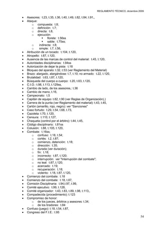 REGLAMENTO TÉCNICO, diciembre 2009

Asesores: t.23, t.35, t.36, t.40, t.49, t.82, t.84, t.91,,
Ataque:
    o compuesta: t.8;
    o definición: t.7;
    o directa: t.8;
    o ejecución:
              florete: t.56ss
              sable: t.75ss;
    o      indirecta: t.8;
    o      simple: t.7, t.56,
Atribución de un tocado: t.104, t.120,
Atropello: t.87, t.120,
Ausencia de las marcas de control del material: t.45, t.120,
Autoridades disciplinarias: t.94ss
Autorización de dejar la pista: t.18
Bloqueo del aparato: t.32, t.53 (ver Reglamento del Material)
Brazo: alargado, alargándose: t.7, t.10; no armado: t.22, t.120,
Brutalidad: t.63, t.87, t.120,
Búsqueda del cuerpo a cuerpo: t.20, t.63, t.120,
C.I.O.: t.98, t.113, t.129ss,
Cambio de lado, de los asesores,: t.36
Cambio de mano, t.16,
Campeonato: t.5
Capitán de equipo: t.82, t.90 (ver Reglas de Organización),)
Carrera de la punta (ver Reglamento del material): t.43, t.45,
Cartón (amarillo, rojo, negro): ver "Sanciones"
Caso fortuito: t.29, t.54, t.68, t.73,
Cazoleta: t.70, t.120,
Censura: t.110, t.127,
Chaqueta (control por el árbitro): t.44, t.45,
Código disciplinario: t.81ss
Colusión: t.88, t.105, t.120,
Combate: t.16ss;
    o confuso: t.18, t.54;
    o cortés: t.2, t.87;
    o comienzo, detención: t.18;
    o dirección: t.35;
    o durada (ver duración);
    o fin: t.18;
    o incorrecto: t.87, t.120;
    o interrupción: ver "Interrupción del combate";
    o no leal: t.87, t.120;
    o acercado: t.19;
    o recuperación: t.18;
    o violento: t.18, t.87, t.120,
Comienzo del combate: t.18
Comienzo del combate: t.18, t.87,
Comisión Disciplinaria: t.94,t.97, t.99,
Comité ejecutivo: t.99, t.128,
Comité organizador: t.43, t.83, t.89, t.98, t.113,,
Compadecida (procedimiento): t.123
Compromiso de honor:
    o de los jueces, árbitros y asesores: t.34;
    o de los tiradores: t.84
Confuso (juego): t.18, t.54, t.87,
Congreso del F.I.E.: t.95
                                                                                     54
 
