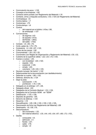 REGLAMENTO TÉCNICO, diciembre 2009

Conmutación de pena: t.128
Consejos a los tiradores: t.82
Contacto sobre puñado (ver Reglamento del Material): t.16
Contacto, arma y chaqueta conductora,: t.53, t.120 (ver Reglamento del Material)
Contraataque: t.8
Contra-réplica: t.7
Contrarraya: t.70
Contra-tiempo: t.8
Control:
    o del material por el árbitro: t.43ss, t.96,
    o de antidopaje: t.127
Convenciones:
    o de esgrima: t.42;
    o de espada: t.61ss;
    o del florete: t.46ss;
    o del sable: t.70ss
Cortado: t.8, t.56, t.76,
Corte, golpe de,: t.70, t.79,
Cortesanía: t.2, t.82, t.87, t.122,
Crítico de los jueces: t.82
Cronometrista: t.30, t.32, t.35,
Cronómetro (ver Reglas de Organización y Reglamento del Material): t.30, t.32,
Cubierta de la superficie válida: t.22, t.23, t.72, t.120,
Cuerpo a cuerpo: t.20,
    o con brutalidad: t.20, t.120;
    o espada: t.63;
    o ocasional: t.120;
    o simple: t.20;
    o voluntario: t.20, t.63, t.120,
Decisión tomada “de hecho”: t.122
Defectuosidad de la documentación (ver desfallecimiento)
Defender su suerte: t.88, t.120,
Defensa, derecho de,: t.124
Dejar la pista:
    o autorización: t.18;
    o prohibición: t.18, t.120,
Delegado en el arbitraje: t.37, t.38,
Delegado oficial: t.83
Delegados de la Comisión Medical: t.33, t.129,
Delegados de la Comisión SEMI: ver "SEMI"
Deliberación: t.125, t.128,
Depósito de garantía: t.95,
Derecho de defensa: t.124
Desarme: t.18
Descalificación: t.85, t.96, t.100, t.109, t.120, t.126,,
Desconexión de ficha (ver Reglamento del Material): t.68
Desempeño: t.8, t.56, t.76,
Descompostura:
    o del cronómetro: t.32;
    o del material eléctrico: t.35, t.44, t.45, t.54, t.67, t.68, t.73, t.103,,
Desfile:
    o compuesta: t.9;
    o definición: t.7;
    o florete: t.57;
    o sable: t.79;
    o simple: t.9
                                                                                   55
 