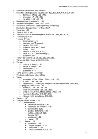 REGLAMENTO TÉCNICO, diciembre 2009

Superficie del terreno: ver "Terreno"
Superficie válida (cubierta y sustitución: t.22, t.23, t.36, t.49, t.72, t.120;
    o definición: t.47ss, t.62, t.71s;
    o amenaza: t.7, t.10, t.56);
    o no válido: t.48, t.49, t.72,
Suspensión de una decisión: t.95
Suspensión temporal: t.111, t.120, t.126,
Sustancias prohibidas: (ver Reglamento Antidopaje)
Sustitución de superficie: ver "Superficie"
Tac al tac: t.26
Técnico: t.92, t.108,
Tenida (control de la etiqueta por el árbitro): t.43, t.44, t.45, t.120,
Terminología: t.2ss
Terreno: t.11ss;
    o dimensiones: t.13;
    o traspaso: ver "Traspaso";
    o ganado: t.24, t.28;
    o líneas de pista: ver "Líneas";
    o límites: t.26ss;
    o perdido: t.24ss, t.28, t.102;
    o pista: t.12, t.13, esquema Fig.1;
    o superficie: t.11
Tiempo de esgrima: t.6, t.8, t.59, t.60, t.77, t.80,
Tiempo perdido, réplica a,: t.8, t.60, t.80,
Tiempo:
    o conocer el tiempo: t.31;
    o valorar el tiempo: t.32;
    o     vencimiento: t.32;
    o quedando: t.32
Tierra (jueces): ver a "Asesores"
Tiradores (deberes de ellas): t.84ss
Toque
    o anulación: t.53ss, t.66ss, t.73ss, t.114, t.120;
    o al suelo: t.36, t.53, t.66;
    o de penalidad: t.114ss (ver "Negativa de homologación de un tocado");
    o pregunta, dato: t.88, t.120;
    o incrédula: t.54, t.67, t.68, t.73;
    o fuera del adversario: t.53, t.66, t.120;
    o juicio: t.34ss, t.40ss, t.50ss, t.64ss, t.73ss, t.96;
    o manera de llevarlas: t.46, t.61, t.70;
    o número: t.30; simultánea: t.60, t.80,
Torneo: t.107
Traspaso de los límites: t.26:
    o Generalidades
             anulación del toque: t.26;
             detención del combate: t.26;
             golpe doble: t.26;
             pérdida de terreno: t.28;
             salida accidental: t.29;
             trasera: t.27;
             accidental: t.29;
             toque: t.27
    o       lateral: t.28
             accidental: t.29;
             un pie, dos pies,: t.28;
             sanciones: t.120;
             salida voluntaria: t.28, t.120
                                                                                    61
 