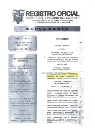 Reglamento para terminación de concesiones y reversión de las frecuencias de radio y tv Ecuador