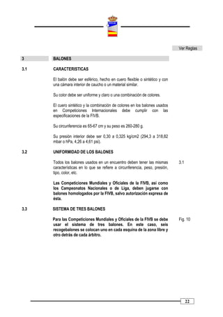 Ver Reglas

3     BALONES

3.1   CARACTERISTICAS

      El balón debe ser esférico, hecho en cuero flexible o sintético y con
      una cámara interior de caucho o un material similar.

      Su color debe ser uniforme y claro o una combinación de colores.

      El cuero sintético y la combinación de colores en los balones usados
      en Competiciones Internacionales debe cumplir con las
      especificaciones de la FIVB.

      Su circunferencia es 65-67 cm y su peso es 260-280 g.

      Su presión interior debe ser 0,30 a 0,325 kg/cm2 (294,3 a 318,82
      mbar o hPa, 4,26 a 4,61 psi).

3.2   UNIFORMIDAD DE LOS BALONES

      Todos los balones usados en un encuentro deben tener las mismas         3.1
      características en lo que se refiere a circunferencia, peso, presión,
      tipo, color, etc.

      Las Competiciones Mundiales y Oficiales de la FIVB, así como
      los Campeonatos Nacionales o de Liga, deben jugarse con
      balones homologados por la FIVB, salvo autorización expresa de
      ésta.

3.3   SISTEMA DE TRES BALONES

      Para las Competiciones Mundiales y Oficiales de la FIVB se debe         Fig. 10
      usar el sistema de tres balones. En este caso, seis
      recogebalones se colocan uno en cada esquina de la zona libre y
      otro detrás de cada árbitro.




                                                                                    22
 