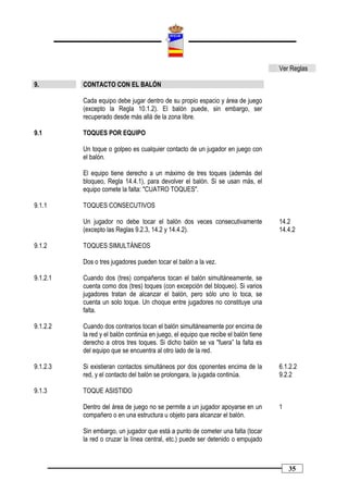 Ver Reglas

9.        CONTACTO CON EL BALÓN

          Cada equipo debe jugar dentro de su propio espacio y área de juego
          (excepto la Regla 10.1.2). El balón puede, sin embargo, ser
          recuperado desde más allá de la zona libre.

9.1       TOQUES POR EQUIPO

          Un toque o golpeo es cualquier contacto de un jugador en juego con
          el balón.

          El equipo tiene derecho a un máximo de tres toques (además del
          bloqueo, Regla 14.4.1), para devolver el balón. Si se usan más, el
          equipo comete la falta: "CUATRO TOQUES".

9.1.1     TOQUES CONSECUTIVOS

          Un jugador no debe tocar el balón dos veces consecutivamente               14.2
          (excepto las Reglas 9.2.3, 14.2 y 14.4.2).                                 14.4.2

9.1.2     TOQUES SIMULTÁNEOS

          Dos o tres jugadores pueden tocar el balón a la vez.

9.1.2.1   Cuando dos (tres) compañeros tocan el balón simultáneamente, se
          cuenta como dos (tres) toques (con excepción del bloqueo). Si varios
          jugadores tratan de alcanzar el balón, pero sólo uno lo toca, se
          cuenta un solo toque. Un choque entre jugadores no constituye una
          falta.

9.1.2.2   Cuando dos contrarios tocan el balón simultáneamente por encima de
          la red y el balón continúa en juego, el equipo que recibe el balón tiene
          derecho a otros tres toques. Si dicho balón se va "fuera” la falta es
          del equipo que se encuentra al otro lado de la red.

9.1.2.3   Si existieran contactos simultáneos por dos oponentes encima de la         6.1.2.2
          red, y el contacto del balón se prolongara, la jugada continúa.            9.2.2

9.1.3     TOQUE ASISTIDO

          Dentro del área de juego no se permite a un jugador apoyarse en un         1
          compañero o en una estructura u objeto para alcanzar el balón.

          Sin embargo, un jugador que está a punto de cometer una falta (tocar
          la red o cruzar la línea central, etc.) puede ser detenido o empujado



                                                                                         35
 
