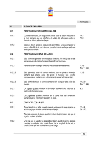 Ver Reglas

11.        JUGADOR EN LA RED

11.1       PENETRACION POR ENCIMA DE LA RED

11.1.1     Durante el bloqueo, un bloqueador puede tocar el balón más allá de       14.1
           la red, siempre que no interfiera el juego del adversario antes o        14.3
           durante el último golpe de ataque.

11.1.2     Después de un golpe de ataque está permitido a un jugador pasar la
           mano más allá de la red, siempre que el contacto se haya realizado
           en su propio campo.

11.2       PENETRACIÓN DEBAJO DE LA RED

11.2.1     Está permitido penetrar en el espacio contrario por debajo de la red,
           siempre que esto no interfiera con la acción del contrario.

11.2.2     Penetración en el campo contrario más allá de la línea central:          1.3.3
                                                                                    Fig. 11 (22)

11.2.2.1   Está permitido tocar el campo contrario con un pie(s) o mano(s)          1.3.3
           siempre que alguna parte del pie(s) o mano(s) que penetra
           permanezca en contacto con o directamente sobre la línea central.

11.2.2.2   Está prohibido tocar el campo contrario con cualquier otra parte del     11.2.2.1
           cuerpo.                                                                  Fig. 11 (22)

11.2.3     Un jugador puede penetrar en el campo contrario una vez que el           8.2
           balón está fuera de juego.

11.2.4     Los jugadores pueden penetrar en la zona libre del adversario
           siempre que no interfieran la acción de éste.

11.3       CONTACTO CON LA RED

11.3.1     Tocar la red no es falta, excepto cuando un jugador la toca durante su   11.4.4
           acción de jugar el balón o interfiere en el juego.                       24.3.2.3

           Algunas acciones de juego, pueden incluir situaciones en las que el
           jugador no toca el balón.

11.3.2     Una vez que el jugador ha golpeado el balón, puede tocar los postes,
           cuerdas o cualquier otro objeto fuera de la longitud de la red, a
           condición de que ello no interfiera con el juego.



                                                                                          38
 