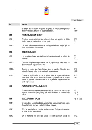 Ver Reglas

12         SAQUE

           El saque es la acción de poner en juego el balón por el jugador          8.1
           zaguero derecho, situado en la zona de saque.                            12.4.1

12.1       PRIMER SAQUE EN UN SET

12.1.1     El primer saque del primer set así como el del set decisivo (el 5º) lo   6.3.2
           realiza el equipo determinado por el sorteo.                             7.1

12.1.2     Los otros sets comenzarán con el saque por parte del equipo que no
           sacó primero en el set anterior.

12.2       ORDEN AL SAQUE

12.2.1     Los jugadores deben seguir el orden al saque registrado en la hoja de    7.3.1
           rotación.                                                                7.3.2

12.2.2     Después del primer saque en un set, el jugador que debe sacar se         12.1
           determina de la siguiente manera:

12.2.2.1   Cuando el equipo que hizo el saque gana la jugada, el jugador que        6.1.3
           efectuó el saque antes (o su sustituto), saca otra vez.                  15.5

12.2.2.2   Cuando el equipo que recibió el saque gana la jugada, obtiene el         6.1.3
           derecho a sacar y rota antes de hacerlo. El jugador que se mueve         7.6.2
           desde la posición delantero-derecho a la posición zaguero-derecho
           será el que saque.

12.3       AUTORIZACIÓN PARA EL SAQUE

           El primer árbitro autoriza el saque después de comprobar que los dos     12
           equipos están listos para jugar y que el sacador está en posesión del    Fig. 11
           balón.                                                                   (1 y 2)

12.4       EJECUCIÓN DEL SAQUE                                                      Fig. 11 (10)

12.4.1     El balón debe ser golpeado con una mano o cualquier parte del brazo
           después de ser lanzado o soltado de la(s) mano(s).

12.4.2     Sólo se permite lanzar o soltar al aire una vez. Está permitido mover
           el balón de una mano a otra.

12.4.3     En el momento del golpe de saque o el salto para un saque en             1.4.2



                                                                                       40
 