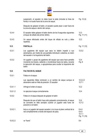 suspensión, el sacador no debe tocar la pista (incluida la línea de        Fig. 12 (4)
           fondo) ni el suelo fuera de la zona de saque.

           Después de golpear el balón, el sacador puede pisar o caer fuera de
           la zona de saque o dentro del campo.

12.4.4     El sacador debe golpear el balón dentro de los 8 segundos siguientes       12.3
           al toque de silbato del primer árbitro.                                    Fig. 11 (11)

12.4.5     Un saque efectuado antes del toque de silbato es nulo y debe               12.3
           repetirse.

12.5       PANTALLA                                                                   Fig. 11 (12)

12.5.1     Los jugadores del equipo que saca no deben impedir a sus                   12.5.2
           adversarios, por medio de una pantalla individual o colectiva, la visión
           del sacador o la trayectoria del balón.

12.5.2     Un jugador o grupo de jugadores del equipo que saca hace pantalla          12.4
           moviendo los brazos, saltando o moviéndose hacia los lados, durante        Fig. 6
           la ejecución del saque, o agrupándose para ocultar la trayectoria del
           balón.

12.6       FALTAS EN EL SAQUE

12.6.1     Faltas en el saque:

           Las siguientes faltas conducen a un cambio de saque aunque el              12.2.2.2
           adversario esté en falta de posición. El sacador:                          12.7.1

12.6.1.1   infringe el orden al saque;                                                12.2

12.6.1.2   no ejecuta el saque correctamente.                                         12.4

12.6.2     Faltas en el saque después de golpear el balón

           Después de que el balón haya sido golpeado correctamente, el saque         12.4
           se convierte en falta (excepto cuando un jugador está fuera de             12.7.2
           posición) si el balón:

12.6.2.1   toca a un jugador del equipo sacador o no cruza el plano vertical de la    8.4.4
           red completamente a través del espacio de paso,                            8.4.5
                                                                                      10.1.1
                                                                                      Fig. 11 (19)

12.6.2.2   va “fuera”                                                                 8.4




                                                                                            41
 