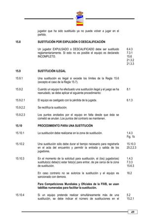 jugador que ha sido sustituido ya no puede volver a jugar en el
           partido.

15.8       SUSTITUCIÓN POR EXPULSIÓN O DESCALIFICACIÓN

           Un jugador EXPULSADO o DESCALIFICADO debe ser sustituido                   6.4.3
           reglamentariamente. Si esto no es posible el equipo es declarado           7.3.1
           INCOMPLETO.                                                                15.6
                                                                                      21.3.2
                                                                                      21.3.3

15.9       SUSTITUCIÓN ILEGAL

15.9.1     Una sustitución es ilegal si excede los límites de la Regla 15.6
           (excepto el caso de la Regla 15.7).

15.9.2     Cuando un equipo ha efectuado una sustitución ilegal y el juego se ha      8.1
           reanudado, se debe aplicar el siguiente procedimiento:

15.9.2.1   El equipo es castigado con la pérdida de la jugada.                        6.1.3

15.9.2.2   Se rectifica la sustitución.

15.9.2.3   Los puntos anotados por el equipo en falta desde que ésta se
           cometió se anulan. Los puntos del contrario se mantienen.

15.10      PROCEDIMIENTO PARA UNA SUSTITUCIÓN

15.10.1    La sustitución debe realizarse en la zona de sustitución.                  1.4.3
                                                                                      Fig. 1b

15.10.2    Una sustitución sólo debe durar el tiempo necesario para registrarla       15.10.3
           en el acta del encuentro y permitir la entrada y salida de los             25.2.2.3
           jugadores.

15.10.3    En el momento de la solicitud para sustitución, el (los) jugador(es)       1.4.3
           sustituto(s) debe(n) estar listo(s) para entrar, de pie cerca de la zona   7.3.3
           de sustitución.                                                            15.6.3

           En caso contrario no se autoriza la sustitución y el equipo es             16.2
           sancionado con demora.

           Para Competiciones Mundiales y Oficiales de la FIVB, se usan
           tablillas numeradas para facilitar la sustitución.

15.10.4    Si un equipo pretende realizar simultáneamente más de una                  5.2
           sustitución, se debe indicar el número de sustituciones en el              15.2.1



                                                                                            49
 