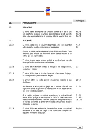 Ver Reglas
23.      PRIMER ÁRBITRO

23.1     UBICACIÓN

         El primer árbitro desempeña sus funciones sentado o de pie en una           Fig. 1a
         silla-plataforma colocada en uno de los extremos de la red. Su vista        Fig. 1b
         debe estar aproximadamente 50 cm sobre el borde superior de la red.         Fig. 10

23.2     AUTORIDAD

23.2.1   El primer árbitro dirige el encuentro de principio a fin. Tiene autoridad   4.1.1
         sobre todos los oficiales y miembros de los equipos.                        6.3

         Durante el partido las decisiones del primer árbitro son finales. Tiene
         autoridad para revocar las decisiones de los demás oficiales si se
         estima que son equivocadas.

         El primer árbitro puede incluso sustituir a un oficial que no esté
         desempeñando correctamente sus funciones.

23.2.2   El primer árbitro también controla el trabajo de los recogebalones,         3.3
         seca pisos y mopas.

23.2.3   El primer árbitro tiene la facultad de decidir toda cuestión de juego,
         incluso aquellas no previstas en las Reglas.

23.2.4   El primer árbitro no debe permitir discusiones respecto a sus               20.1.2
         decisiones.

         No obstante, si el capitán en juego se lo solicita, ofrecerá una            5.1.2.1
         explicación sobre la aplicación o interpretación de las Reglas en las
         que haya basado su decisión.

         Si el capitán en juego no está de acuerdo con la explicación del            5.1.2.1
         primer árbitro y elige protestar contra su decisión, debe reservarse        5.1.3.2
         inmediatamente el derecho a hacerlo y registrar esta protesta oficial       25.2.3.2
         al final del encuentro. El primer árbitro debe autorizar este derecho
         del capitán en campo.

23.2.5   El primer árbitro es responsable de determinar, antes y durante el          Capítulo 1
         encuentro, si el área de juego y sus condiciones cumplen los
         requisitos necesarios para jugar.




                                                                                           65
 