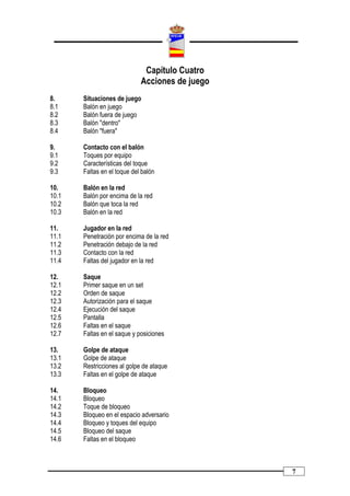 Capítulo Cuatro
                             Acciones de juego
8.     Situaciones de juego
8.1    Balón en juego
8.2    Balón fuera de juego
8.3    Balón "dentro"
8.4    Balón "fuera"

9.     Contacto con el balón
9.1    Toques por equipo
9.2    Características del toque
9.3    Faltas en el toque del balón

10.    Balón en la red
10.1   Balón por encima de la red
10.2   Balón que toca la red
10.3   Balón en la red

11.    Jugador en la red
11.1   Penetración por encima de la red
11.2   Penetración debajo de la red
11.3   Contacto con la red
11.4   Faltas del jugador en la red

12.    Saque
12.1   Primer saque en un set
12.2   Orden de saque
12.3   Autorización para el saque
12.4   Ejecución del saque
12.5   Pantalla
12.6   Faltas en el saque
12.7   Faltas en el saque y posiciones

13.    Golpe de ataque
13.1   Golpe de ataque
13.2   Restricciones al golpe de ataque
13.3   Faltas en el golpe de ataque

14.    Bloqueo
14.1   Bloqueo
14.2   Toque de bloqueo
14.3   Bloqueo en el espacio adversario
14.4   Bloqueo y toques del equipo
14.5   Bloqueo del saque
14.6   Faltas en el bloqueo



                                                 7
 