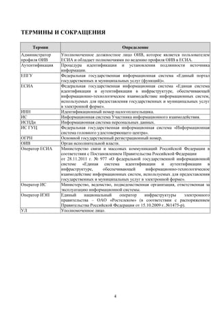 ТЕРМИНЫ И СОКРАЩЕНИЯ

       Термин                                 Определение
Администратор    Уполномоченное должностное лицо ОИВ, которое является пользователем
профиля ОИВ      ЕСИА и обладает полномочиями по ведению профиля ОИВ в ЕСИА.
Аутентификация   Процедура идентификации и установления подлинности источника
                 информации.
ЕПГУ             Федеральная государственная информационная система «Единый портал
                 государственных и муниципальных услуг (функций)».
ЕСИА             Федеральная государственная информационная система «Единая система
                 идентификации и аутентификации в инфраструктуре, обеспечивающей
                 информационно-технологическое взаимодействие информационных систем,
                 используемых для предоставления государственных и муниципальных услуг
                 в электронной форме».
ИНН              Идентификационный номер налогоплательщика.
ИС               Информационная система Участника информационного взаимодействия.
ИСПДн            Информационная система персональных данных.
ИС ГУЦ           Федеральная государственная информационная система «Информационная
                 система головного удостоверяющего центра».
ОГРН             Основной государственный регистрационный номер.
ОИВ              Орган исполнительной власти.
Оператор ЕСИА    Министерство связи и массовых коммуникаций Российской Федерации в
                 соответствии с Постановлением Правительства Российской Федерации
                 от 28.11.2011 г. № 977 «О федеральной государственной информационной
                 системе «Единая система идентификации и аутентификации в
                 инфраструктуре,      обеспечивающей     информационно-технологическое
                 взаимодействие информационных систем, используемых для предоставления
                 государственных и муниципальных услуг в электронной форме».
Оператор ИС      Министерство, ведомство, подведомственная организация, ответственная за
                 эксплуатацию информационной системы.
Оператор ИЭП     Единый      национальный     оператор   инфраструктуры      электронного
                 правительства – ОАО «Ростелеком» (в соответствии с распоряжением
                 Правительства Российской Федерации от 15.10.2009 г. №1475-р).
УЛ               Уполномоченное лицо.




                                          4
 