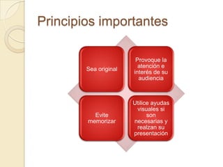 Principios importantes

                        Provoque la
                         atención e
        Sea original
                       interés de su
                         audiencia



                       Utilice ayudas
                        visuales si
          Evite              son
        memorizar      necesarias y
                        realzan su
                       presentación
 