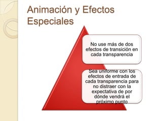 Animación y Efectos
Especiales

              No use más de dos
            efectos de transición en
              cada transparencia


             Sea uniforme con los
             efectos de entrada de
            cada transparencia para
               no distraer con la
               expectativa de por
                dónde vendrá el
                 próximo punto
 